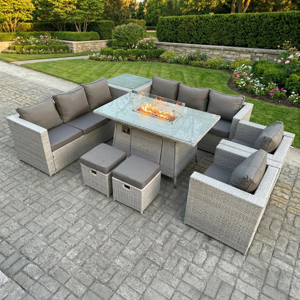 Fimous Light/Grey 10 Seater Rattan Outdoor Garden Furniture Set With Gas Fire Pit Table, 2 Sofas, 2 Chairs, 2 Footstools, 1 Side Table