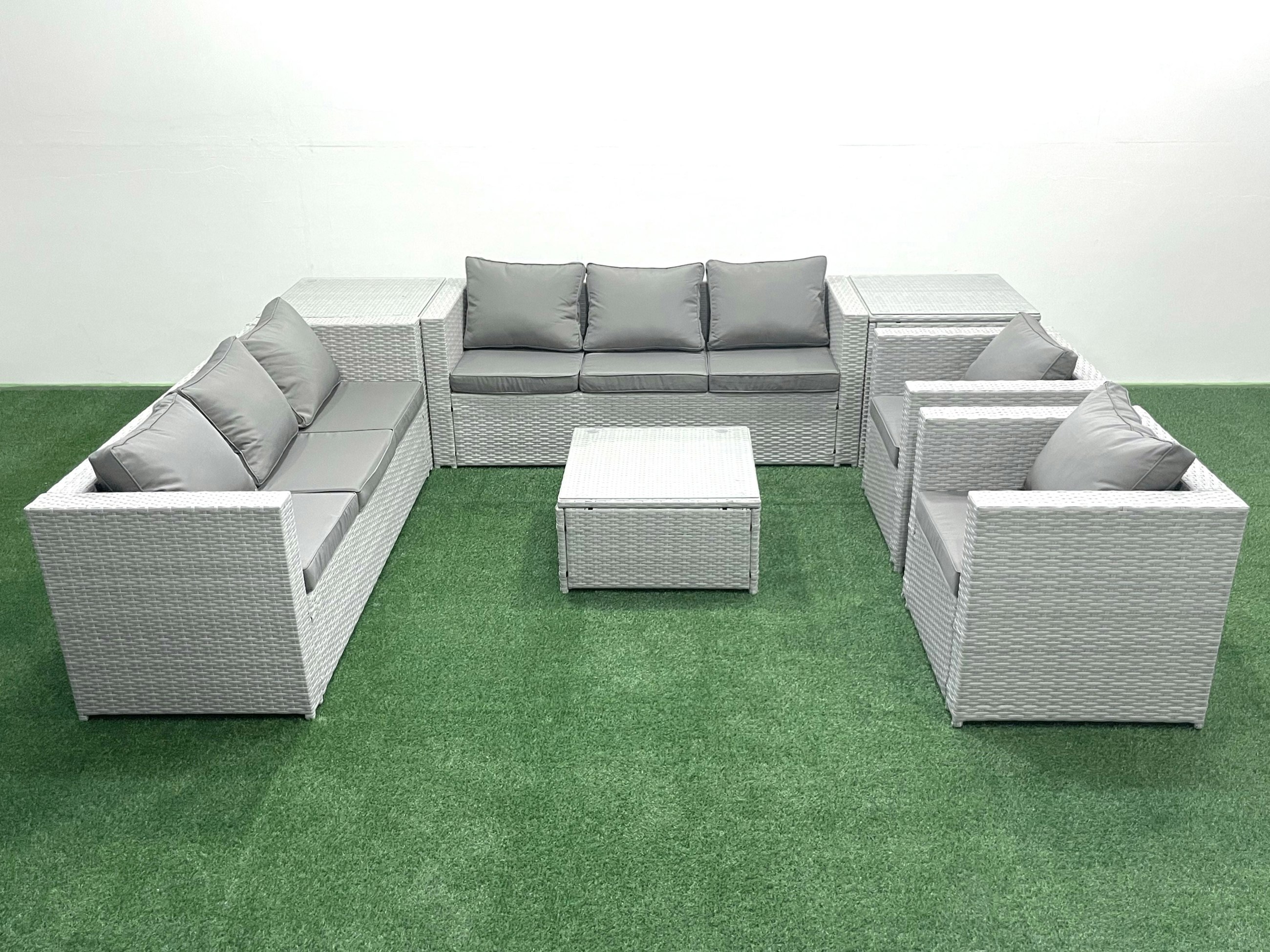 Fimous Light/Grey Outdoor Rattan Sofa Garden Furniture Set With 2 Armchairs Square Coffee Table 2 Side Tables Mixed