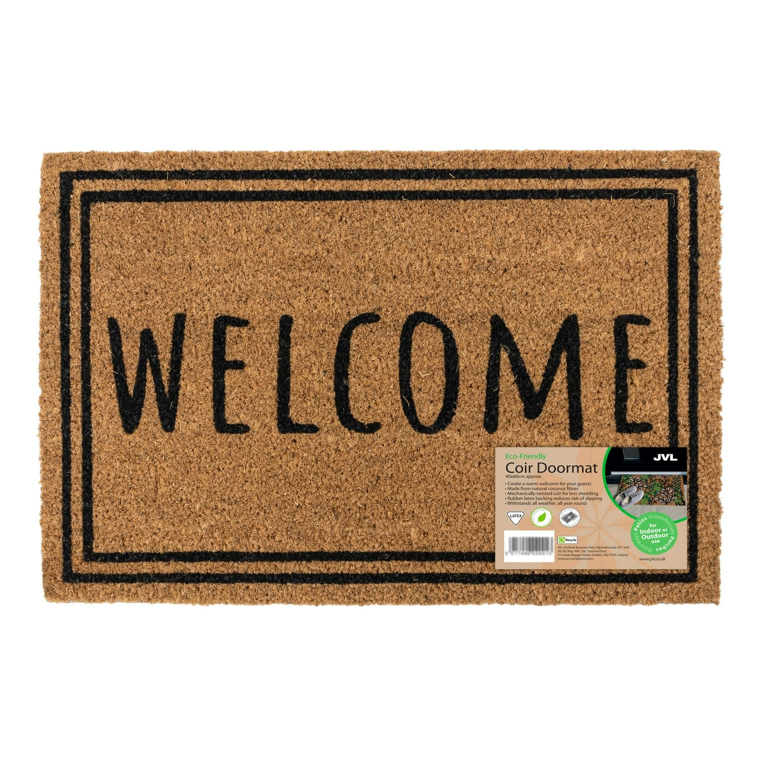 Rackhams Brown Eco-Friendly Latex Backed Coir Entrance Doormat, 40X60cm - Welcome Border - 1