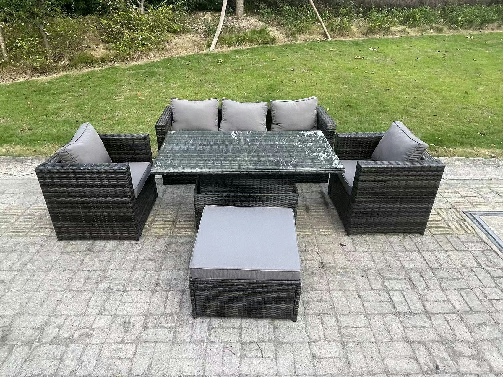 Fimous Dark/Grey Rattan Garden Furniture Sofa Set Outdoor Adjustable Rising Lifting Dining Table Set With 2 Armchairs Big Footstool Mixed