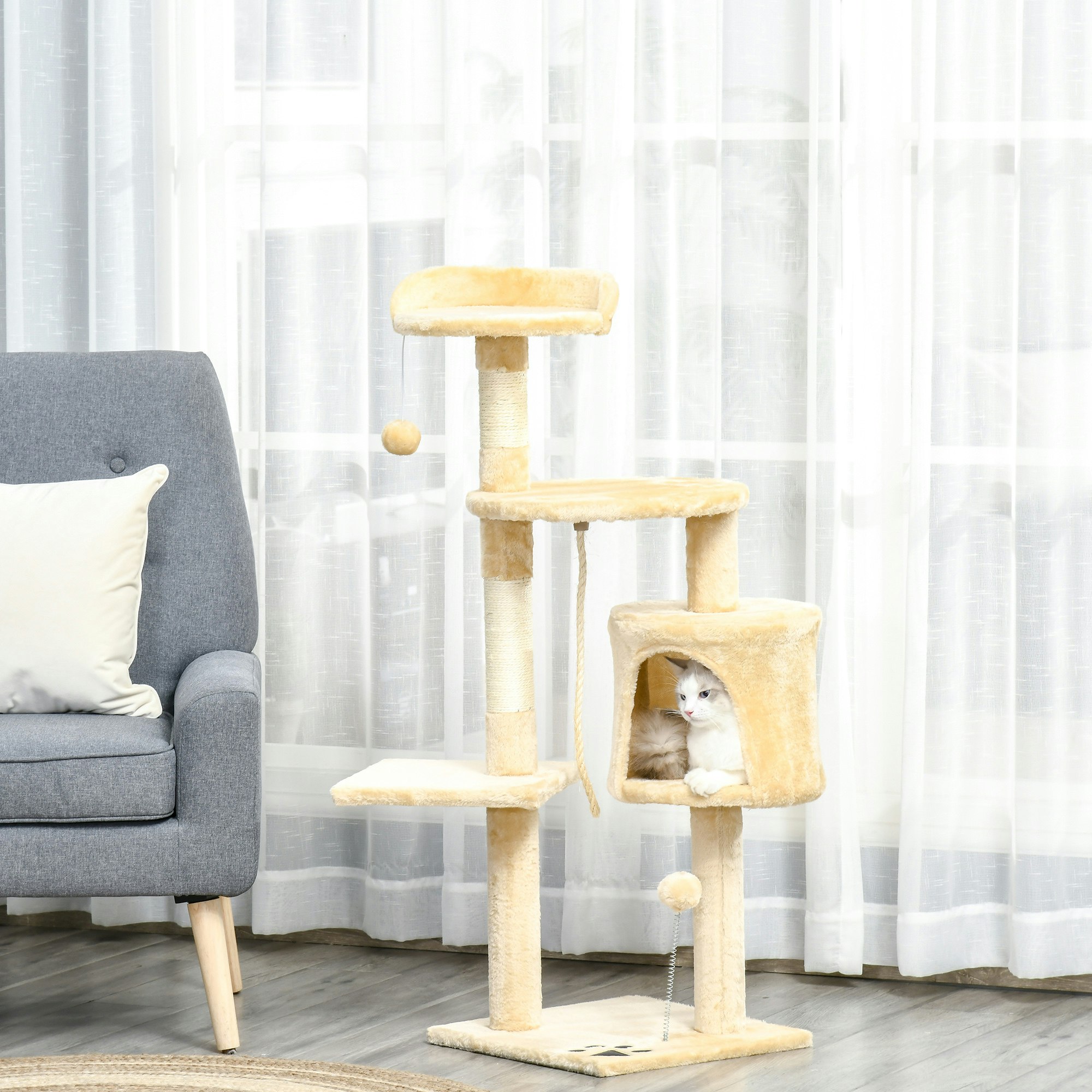 Pawhut Beige Cat Tree Activity Centre Scratching Post With Toys 4-Tier 114Cm