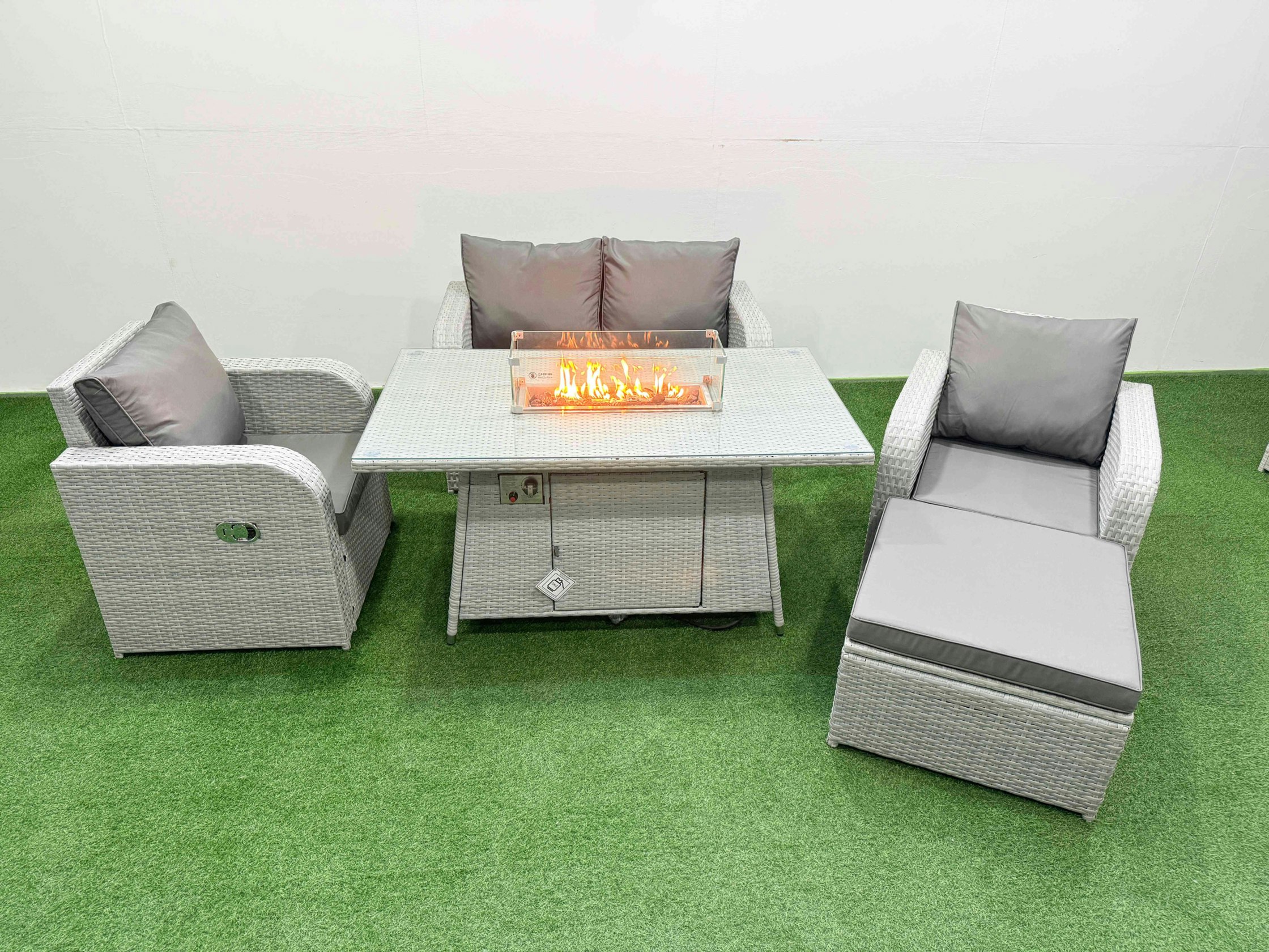 Rackhams Light/Grey Pe Wicker Rattan Garden Furniture Set Sofa Set Reclining Chair Fire Pit Dining Table 5 Seater With Footstool