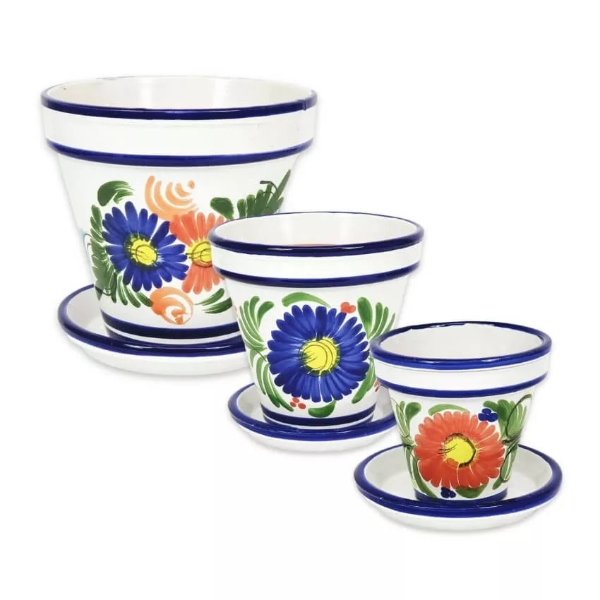 Verano Spanish Ceramics Classic Floral Plant Pots - Set Of 3 - 3 X Classic Pots With Drainage Plates - Terracotta