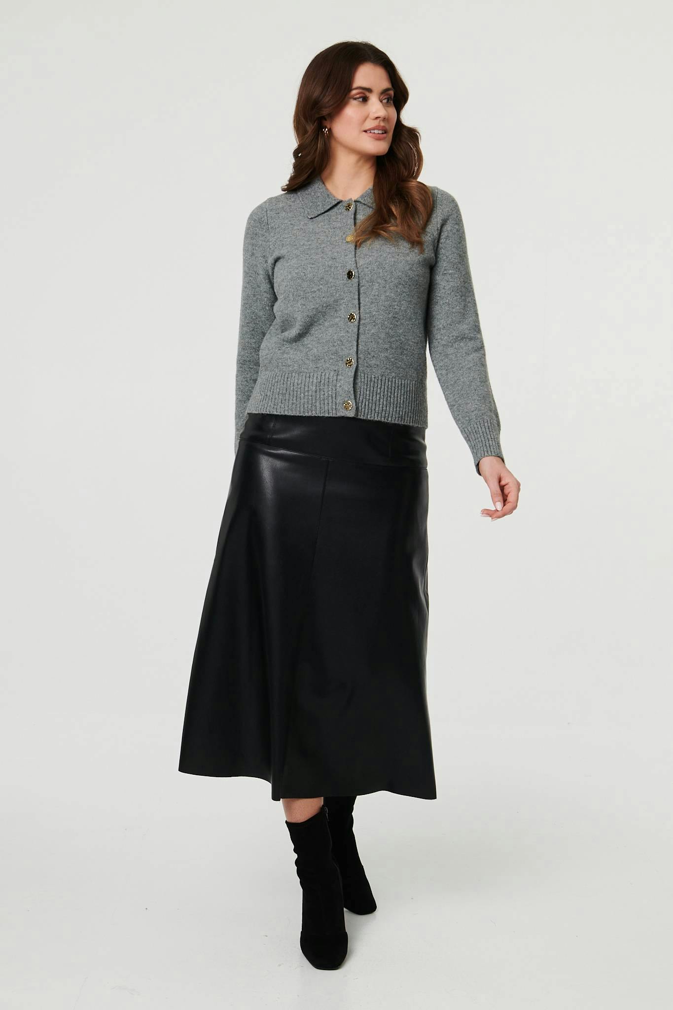 Izabel London Grey Textured Button Front Collared Cardigan - 10