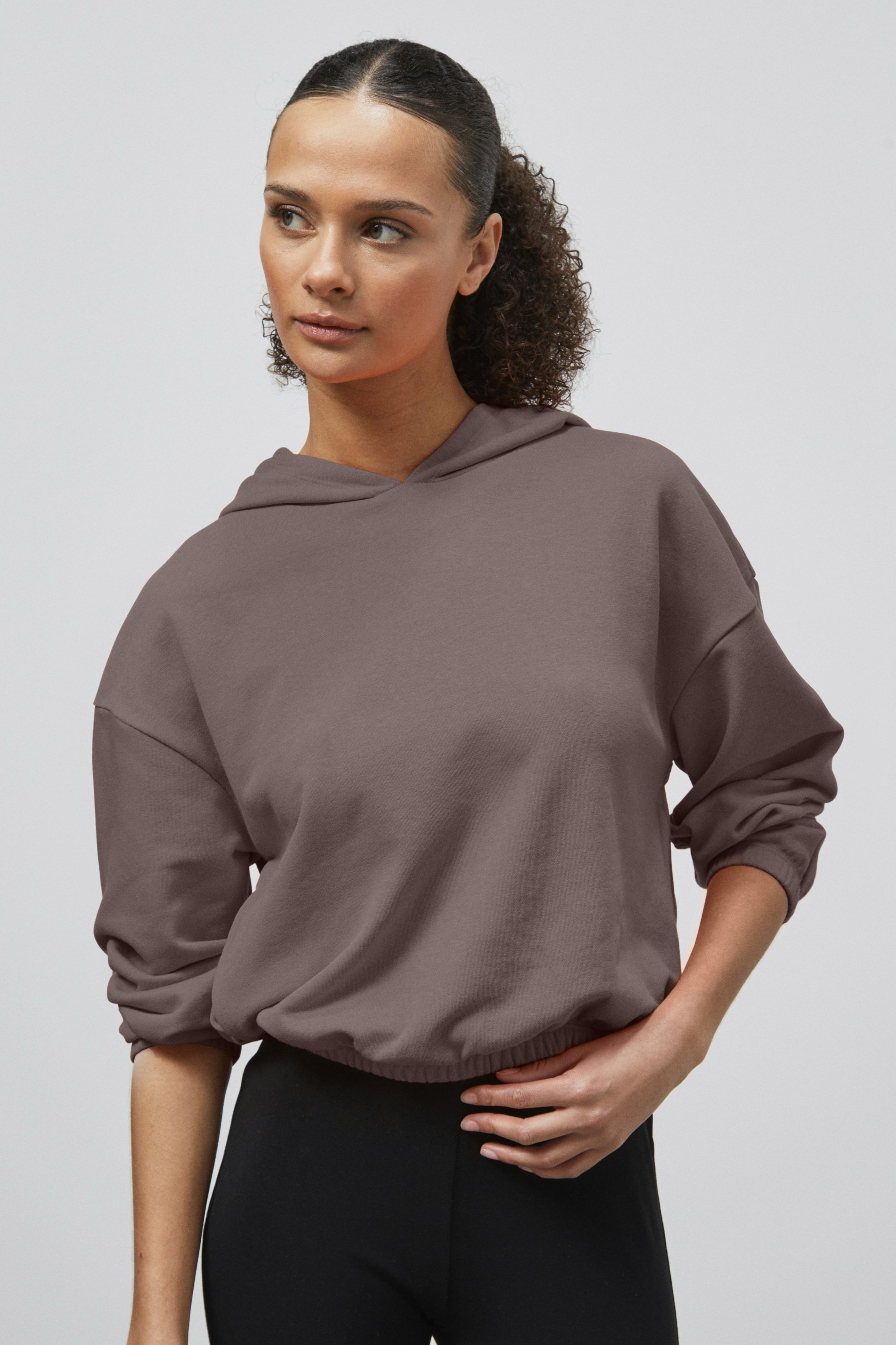 Enorsia Brown Jersey Hoodie With Elastic Waistband - 10 - 55% Cotton, 45% Polyester