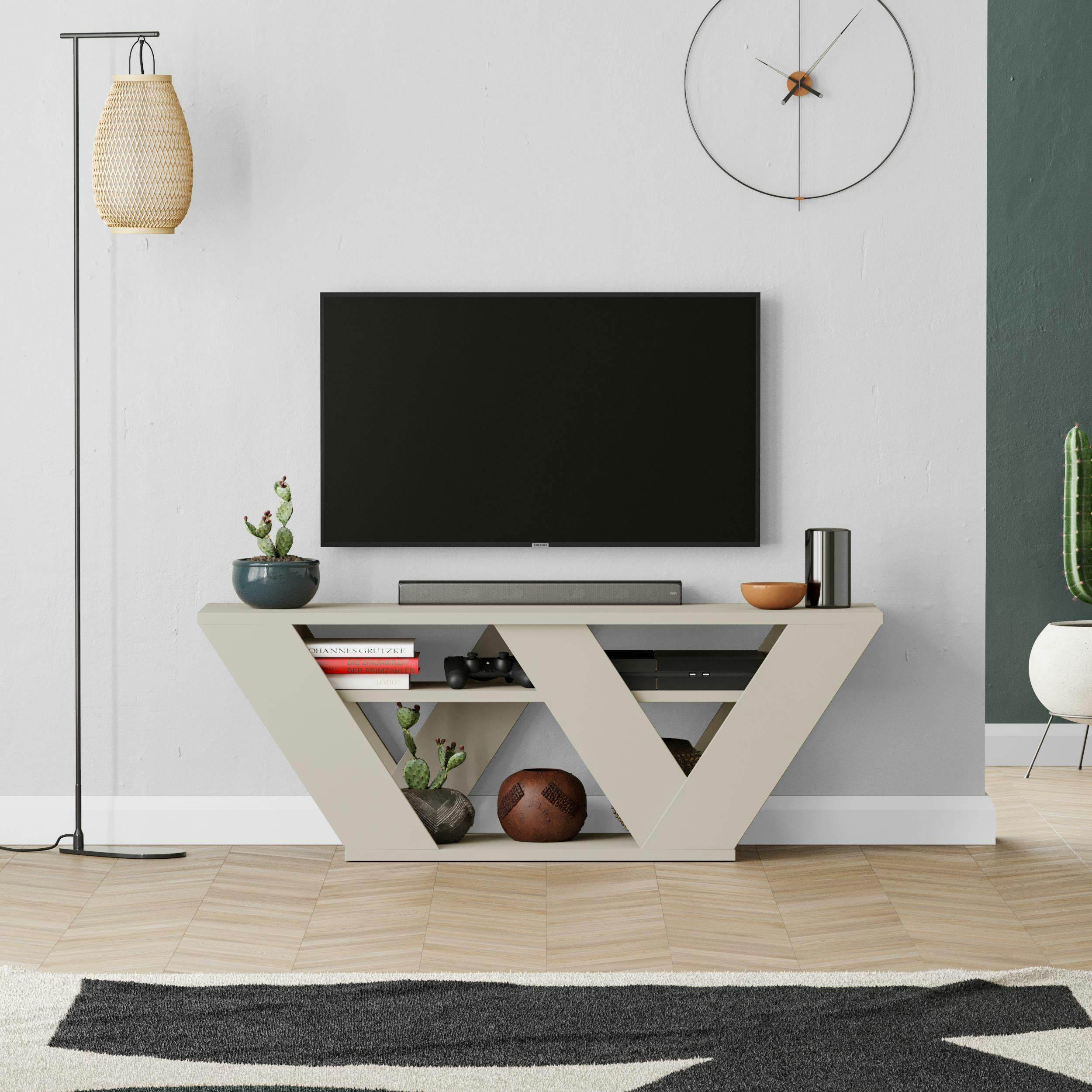 Rackhams Pipralla Modern Tv Stand Unit With Shelves For Up To 43" Tvs 110Cm - Sandstone