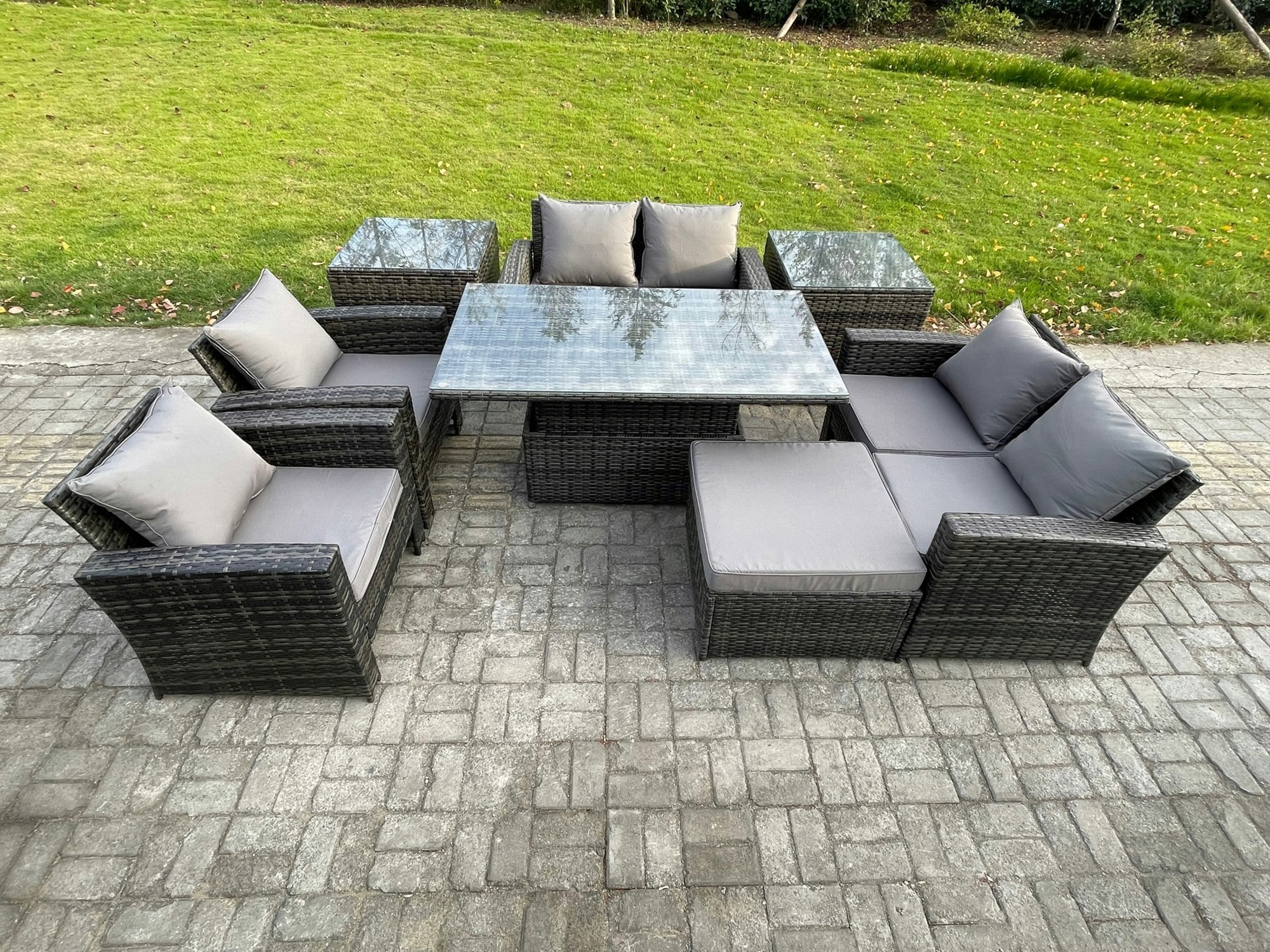 Rackhams Dark/Grey Rattan Garden Furniture Sets Patio Outdoor Rising Lifting Table Sofa Set With Double Seat Sofa 2 Side Tables Big Footstool Mixed