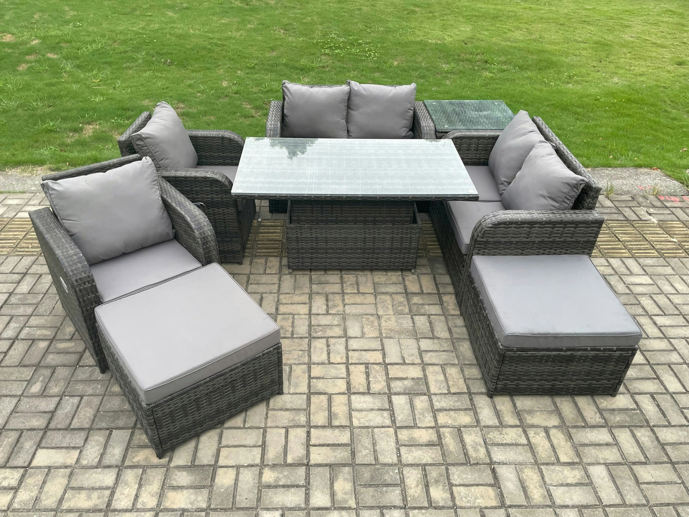 Fimous Dark/Grey 8 Seater Rattan Furniture Garden Dining Set Outdoor Height Adjustable Rising Lifting Table Love Sofa Chair With Side Table 2 Footstools