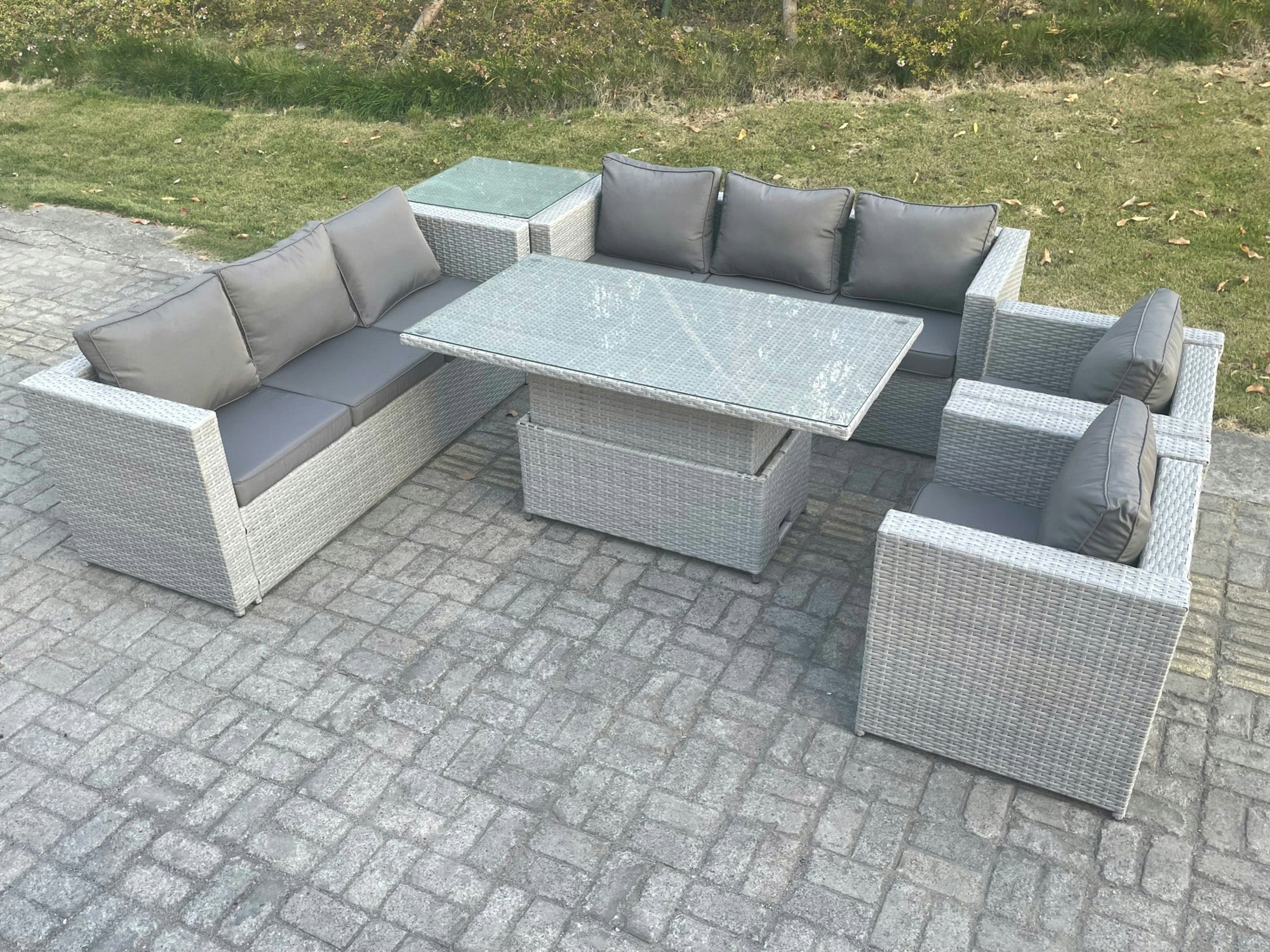 Fimous Light/Grey/Dark Rattan Garden Funiture Set Height Adjustable Rising Lifting Table Sofa Dining Set Lounge Sofa 2 Arm Chair Side Table
