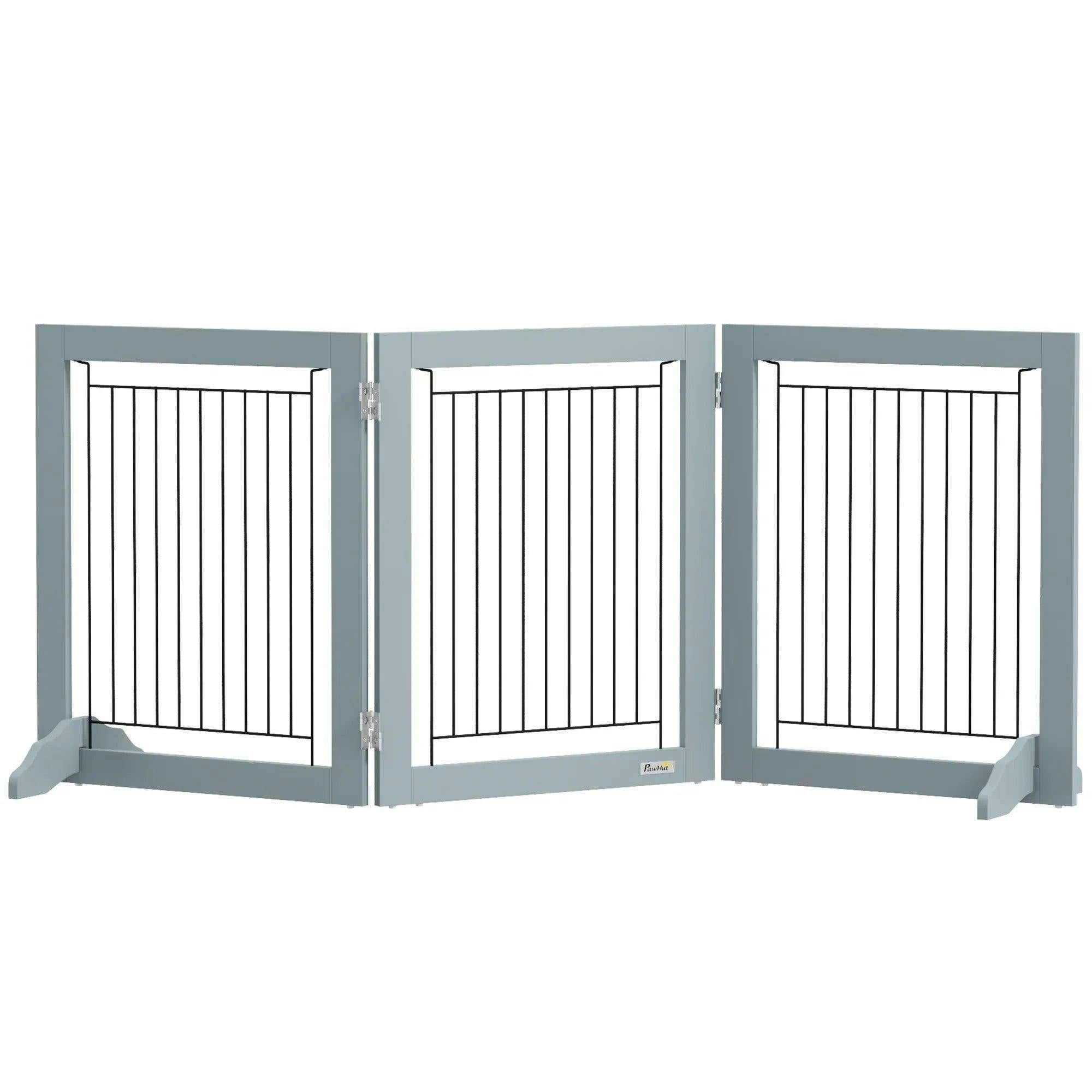 Pawhut Grey Foldable Wooden Pet Gate W/ 3 Panels 2 Support Feet For Small Dogs In - Image 5