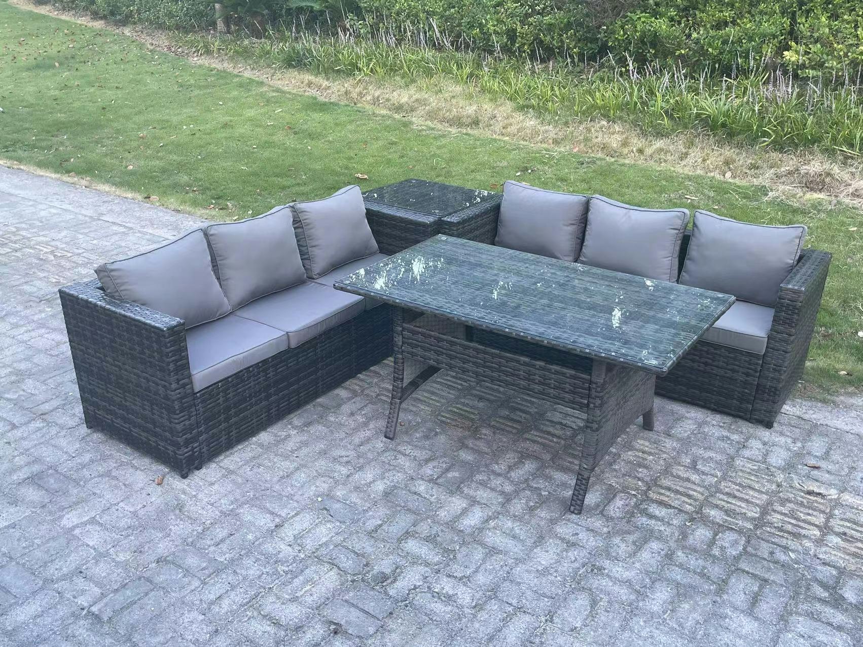 Rackhams Dark/Grey Pe Wicker Outdoor Garden Furniture Set Patio Rattan Rectangular Dining Table Lounge Sofa With Side Table 6 Seater Mixed