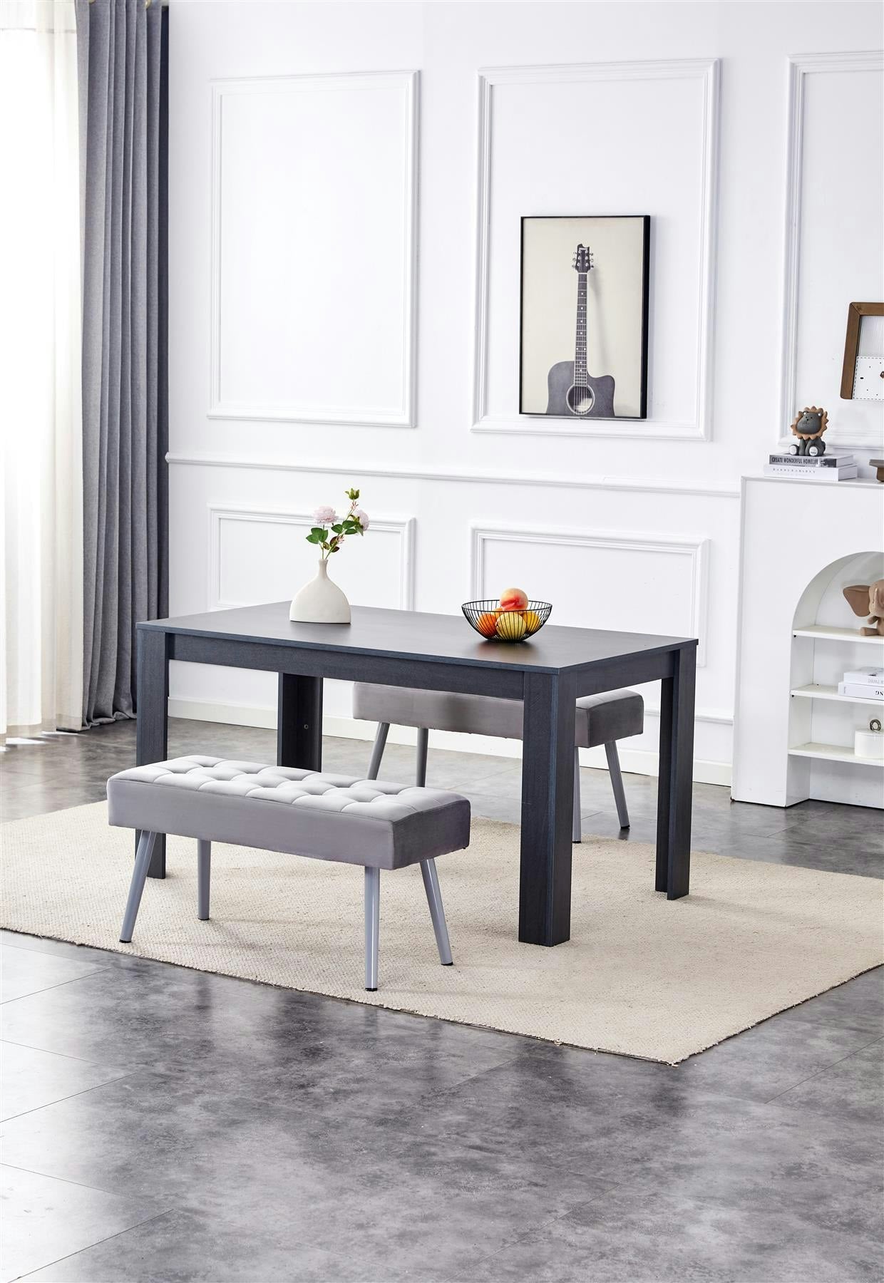 Rackhams Dark/Grey Dining Table And 2 Benches Table 2 Velvet Benches Wood Table Dining Set Furniture