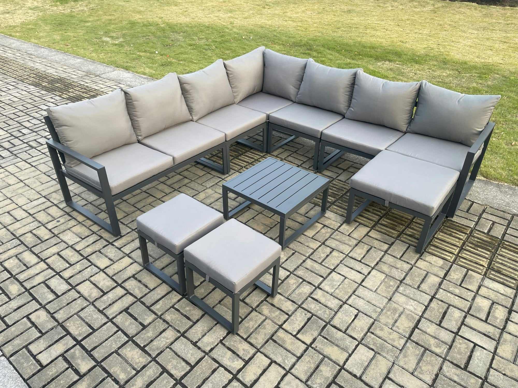 Rackhams Dark/Grey Aluminium Outdoor Garden Furniture Set Lounge Corner Sofa Square Coffee Table Sets With 3 Footstools