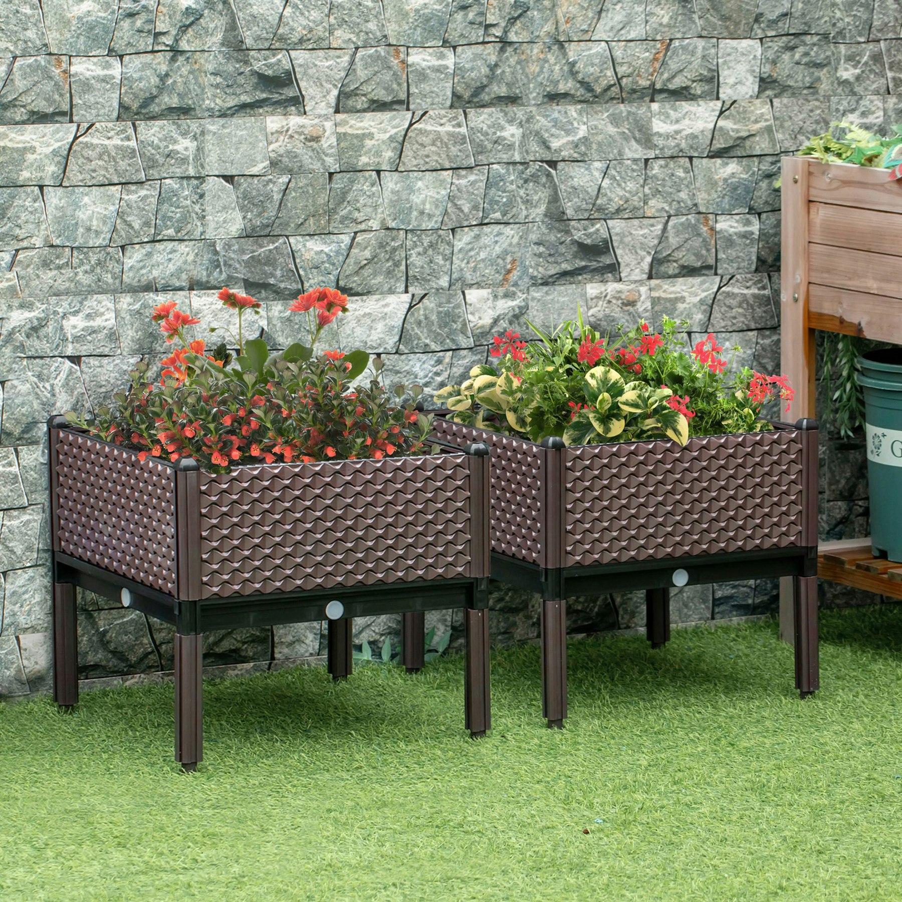 Rackhams Brown Set Of 2 Raised Garden Bed Elevated Planter Box For Flower, Vegetables - Pp - 50Cm X 50Cm X 46.5Cm