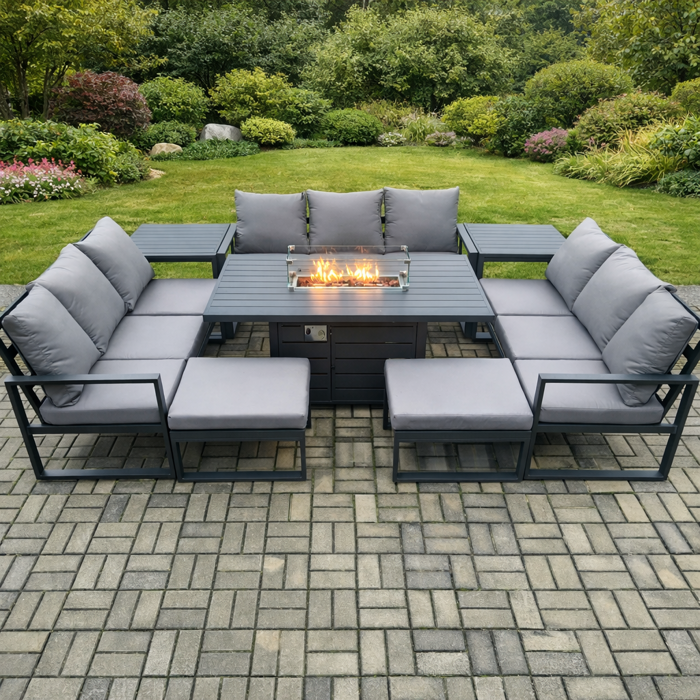 Rackhams Dark/Grey 11 Seater Aluminium Garden Furniture Set With Gas Fire Pit Dining Table, 3 Sofas, 2 Big Footstools, 2 Side Tables