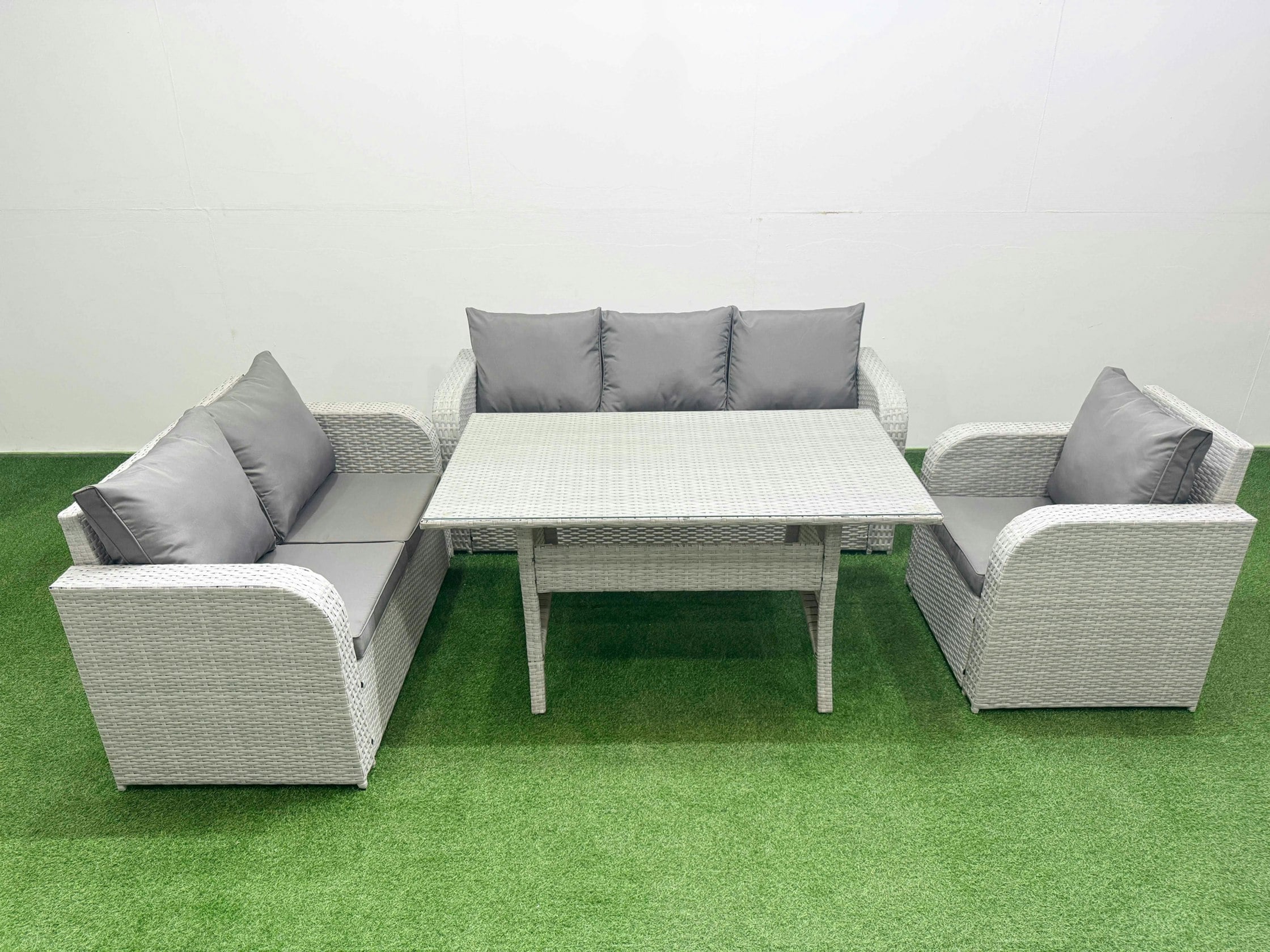 Rackhams Light/Grey 6-Seater Pe Rattan Outdoor Dining Set | Rectangular Table, Reclining Chair, Loveseat, 3-Seater Sofa