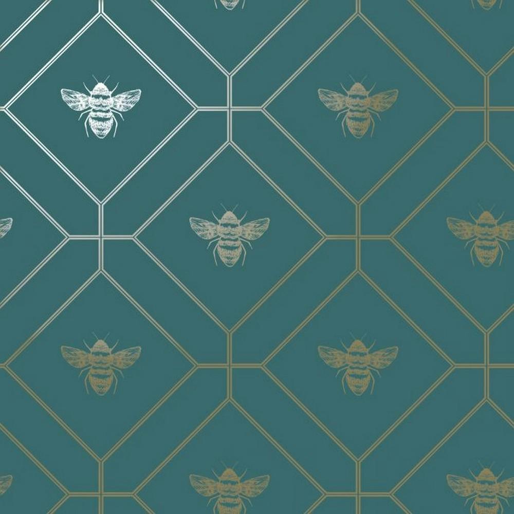 World Of Wallpaper Gold Bee Wallpaper - Teal/ - Teal/ - 10M X 53Cm - 100% Mixed