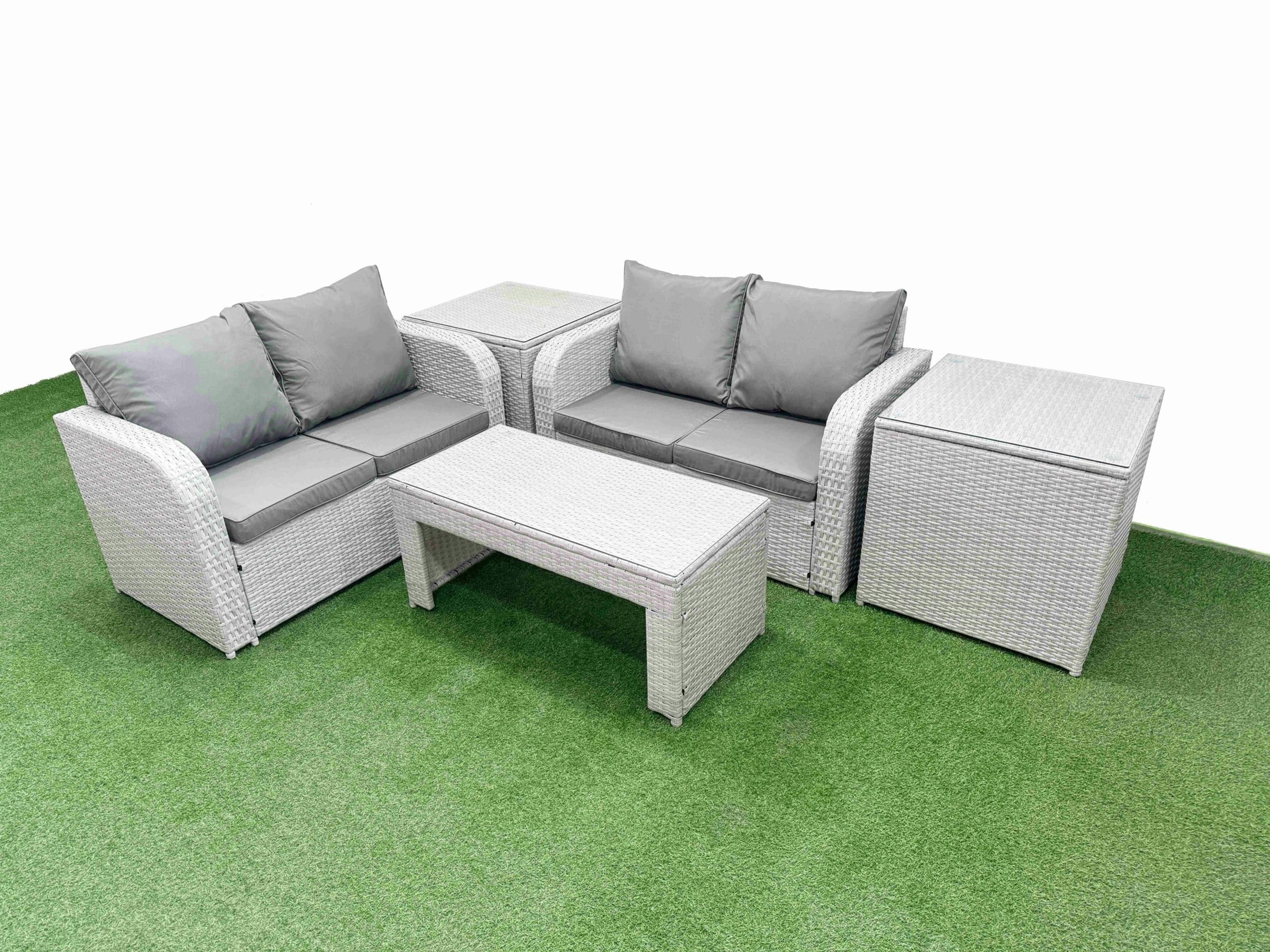 Rackhams Light/Grey 4 Seater Outdoor Love Sofa Set Rattan Garden Furniture Set With Oblong Coffee Table 2 Side Tables