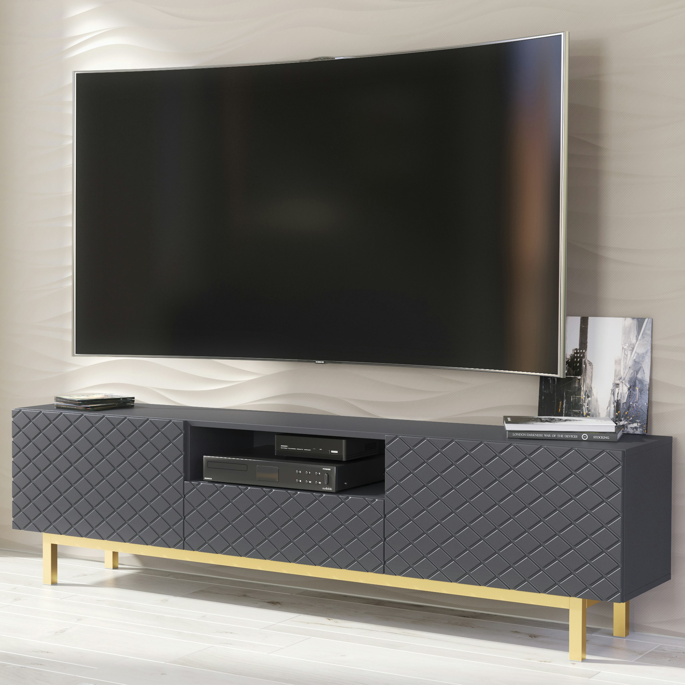 Rackhams Grey/Gold Elegantly Grooved Front Tv Unit 180Cm With Accents - 180 Cm - 1 - Mdf/Chipboard