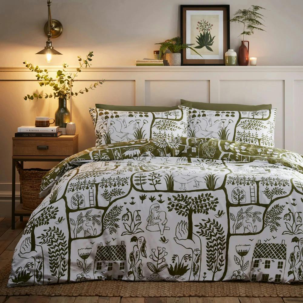 Furn Frida Reversible Abstract Duvet Cover Set - Moss - Single - Moss - 50% Cotton/50% Polyester