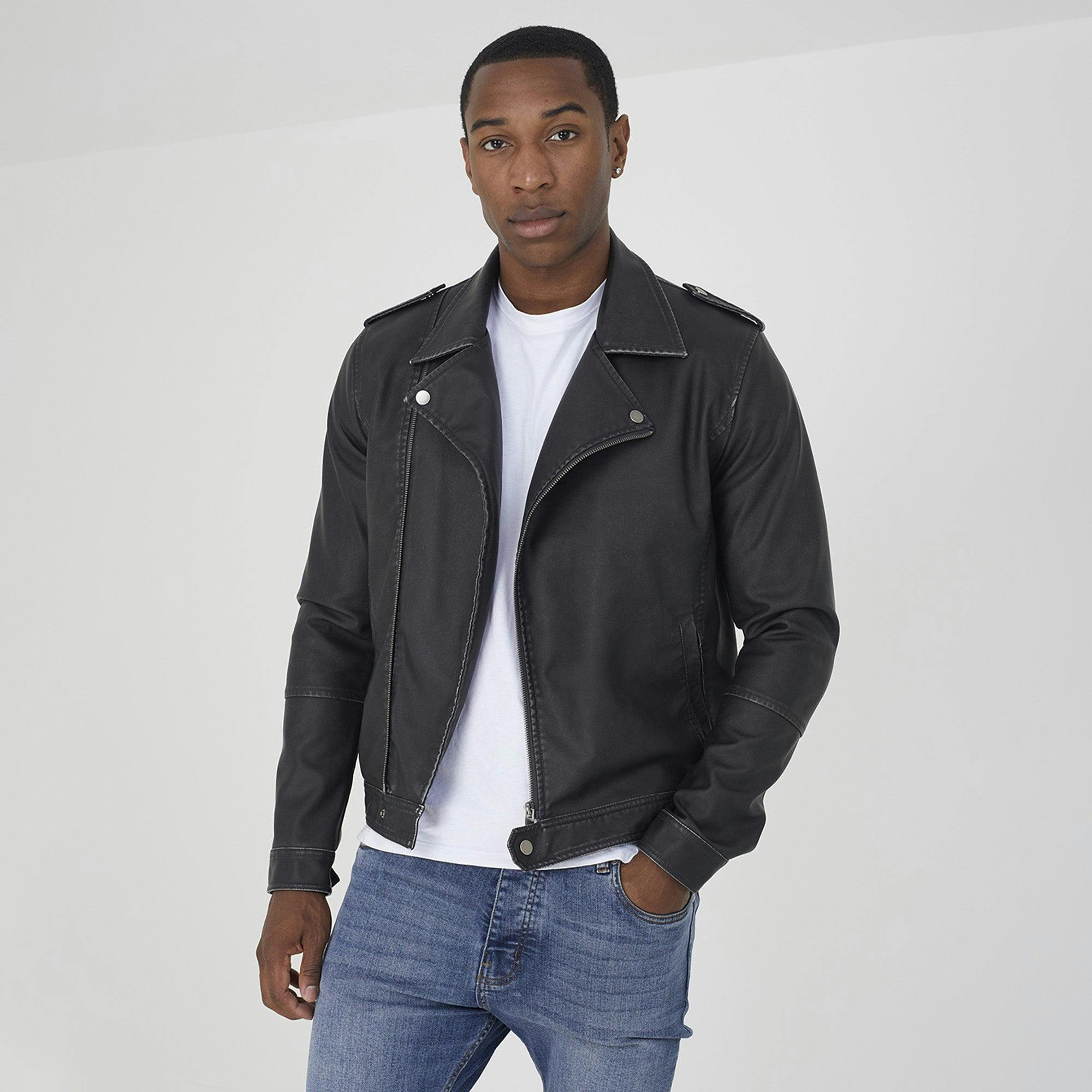 Brave Soul Black Faux Leather Biker Jacket - Xl