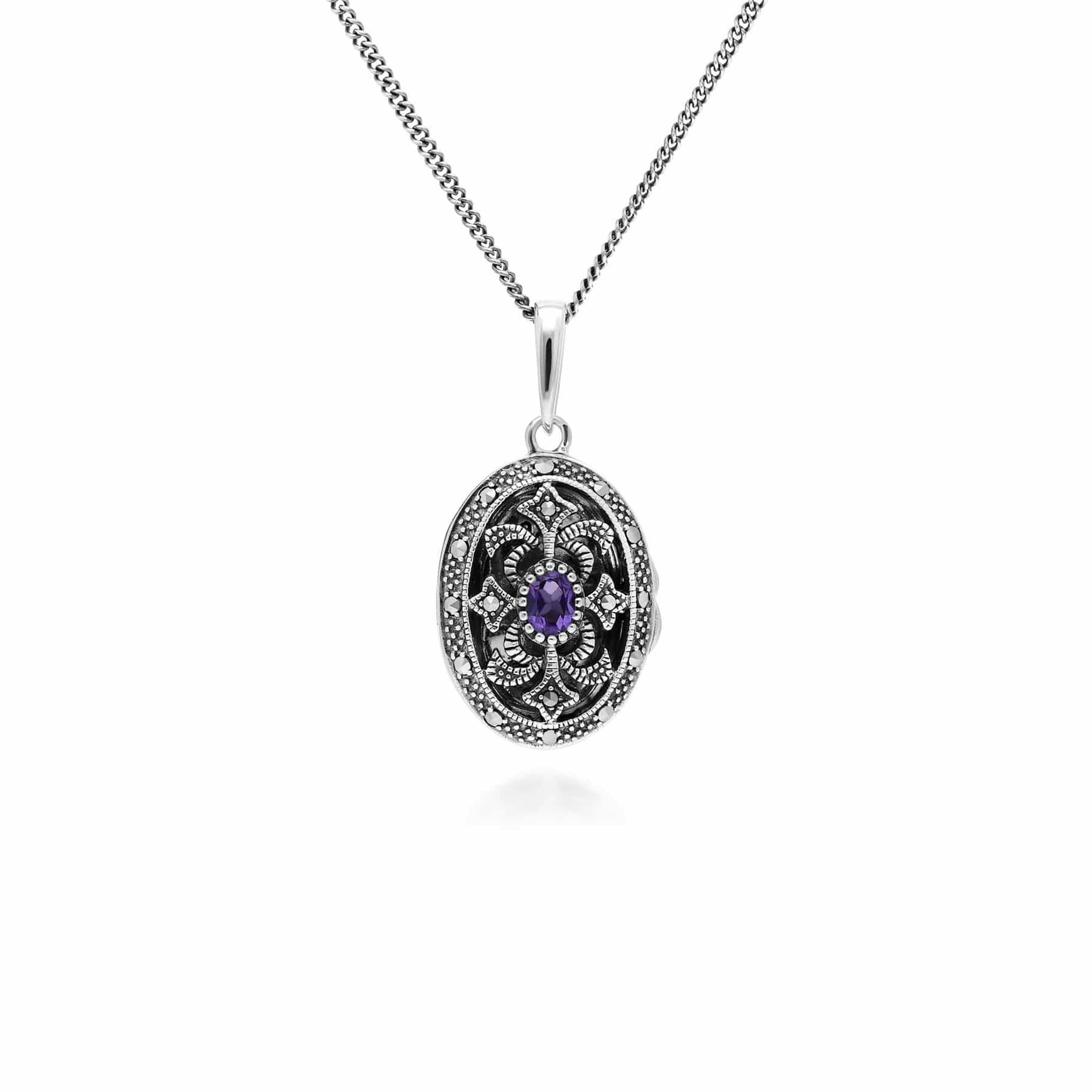 Gemondo Silver Art Nouveau Style Oval Amethyst & Marcasite Locket Necklace In 925 Sterling