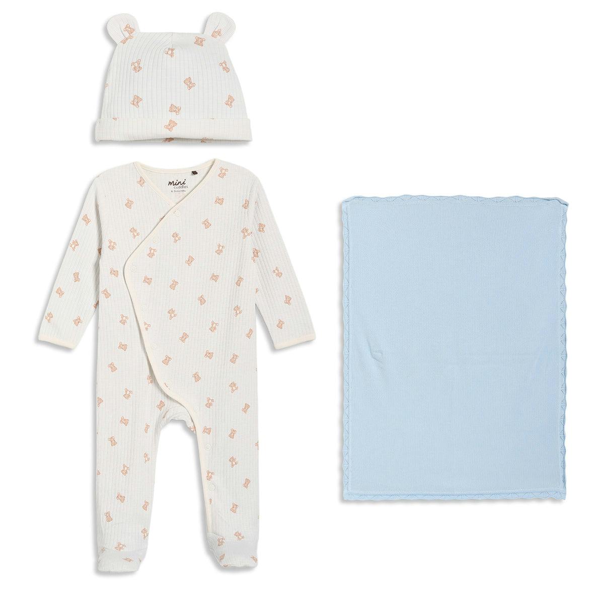 Mini Cuddles Men's Cream/Light/Blue Baby Boys Teddy Print 3Pc Essentials Gift Set, Multicolour - Nb