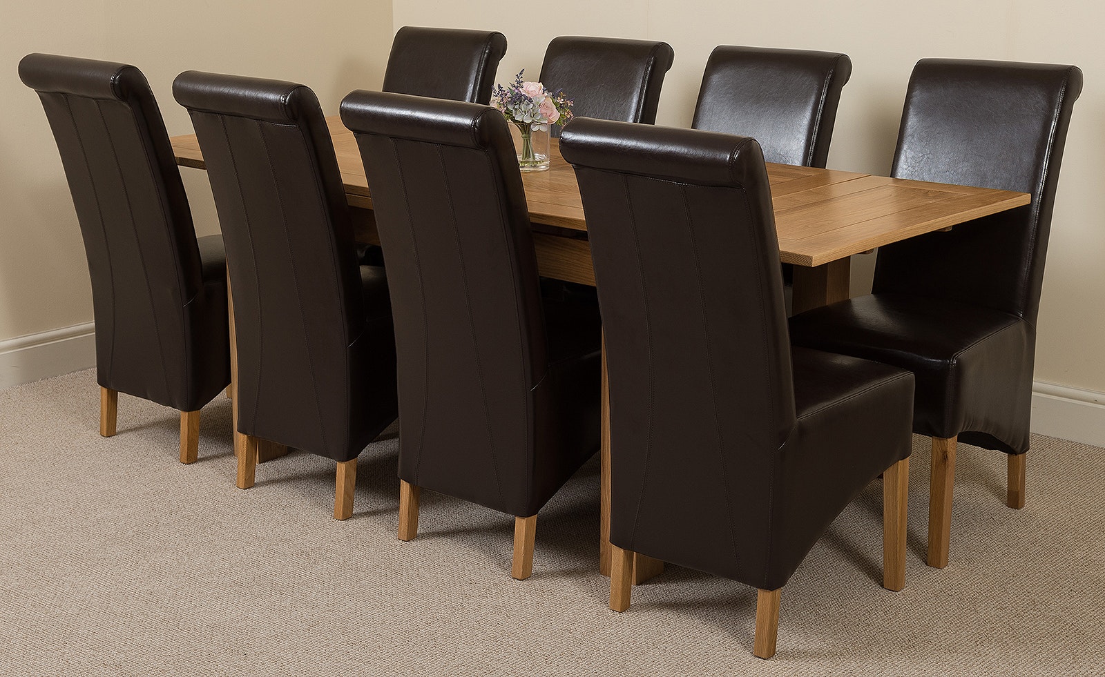 Rackhams Brown Richmond Medium Oak Extendable Dining Table With Montana Leather Chairs - 8 Chairs