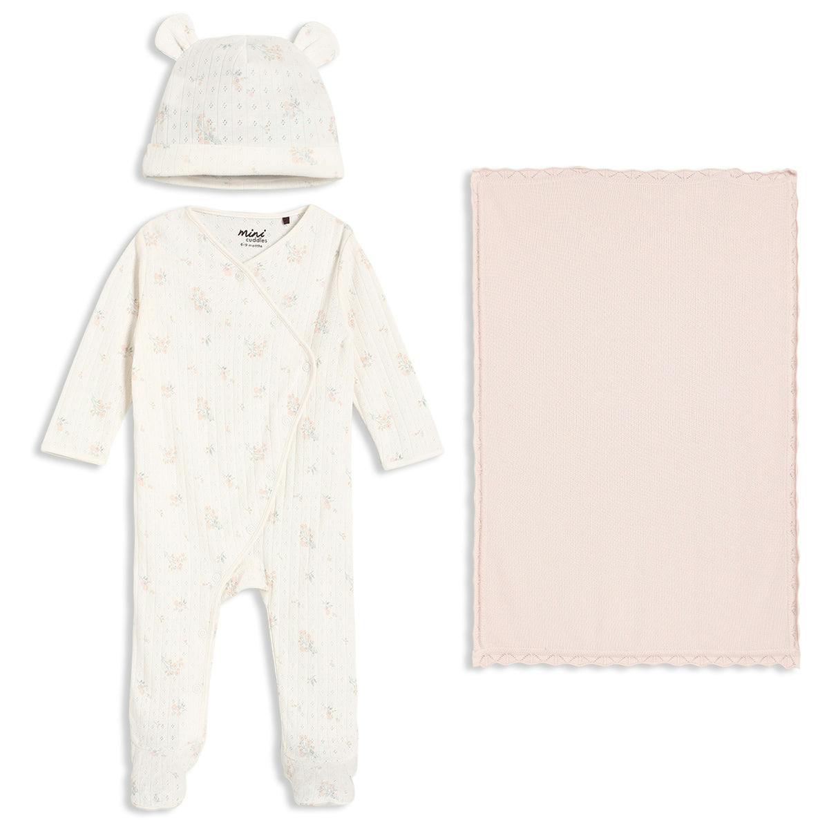 Mini Cuddles Women's Pink Baby Girl Floral Print 3Pc Essentials Gift Set, Multicolour - Nb