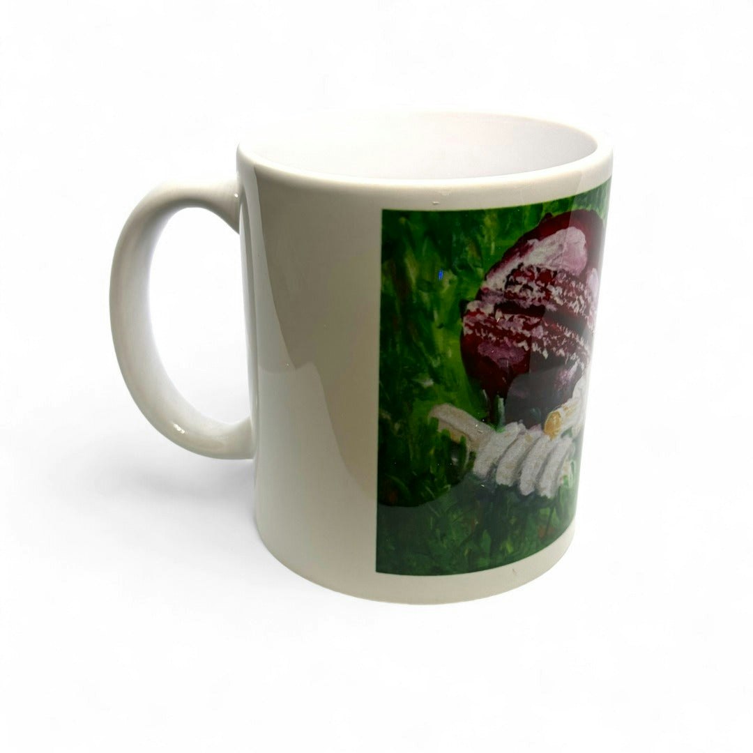 Cricket-Gifts - Cricketer's Mug | Ceramic Design By Anthony Kelly | Cricket Ball & Bails Artwork | 300Ml Capacity