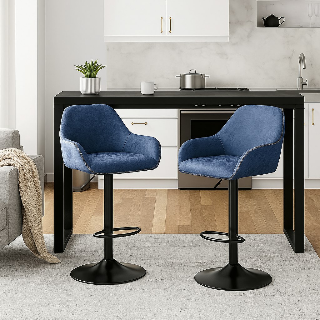 Modcraft Blue Set Of 2 Adjustable Swivel Bar Stools With Backrest & Armrests – Faux Leather Chairs