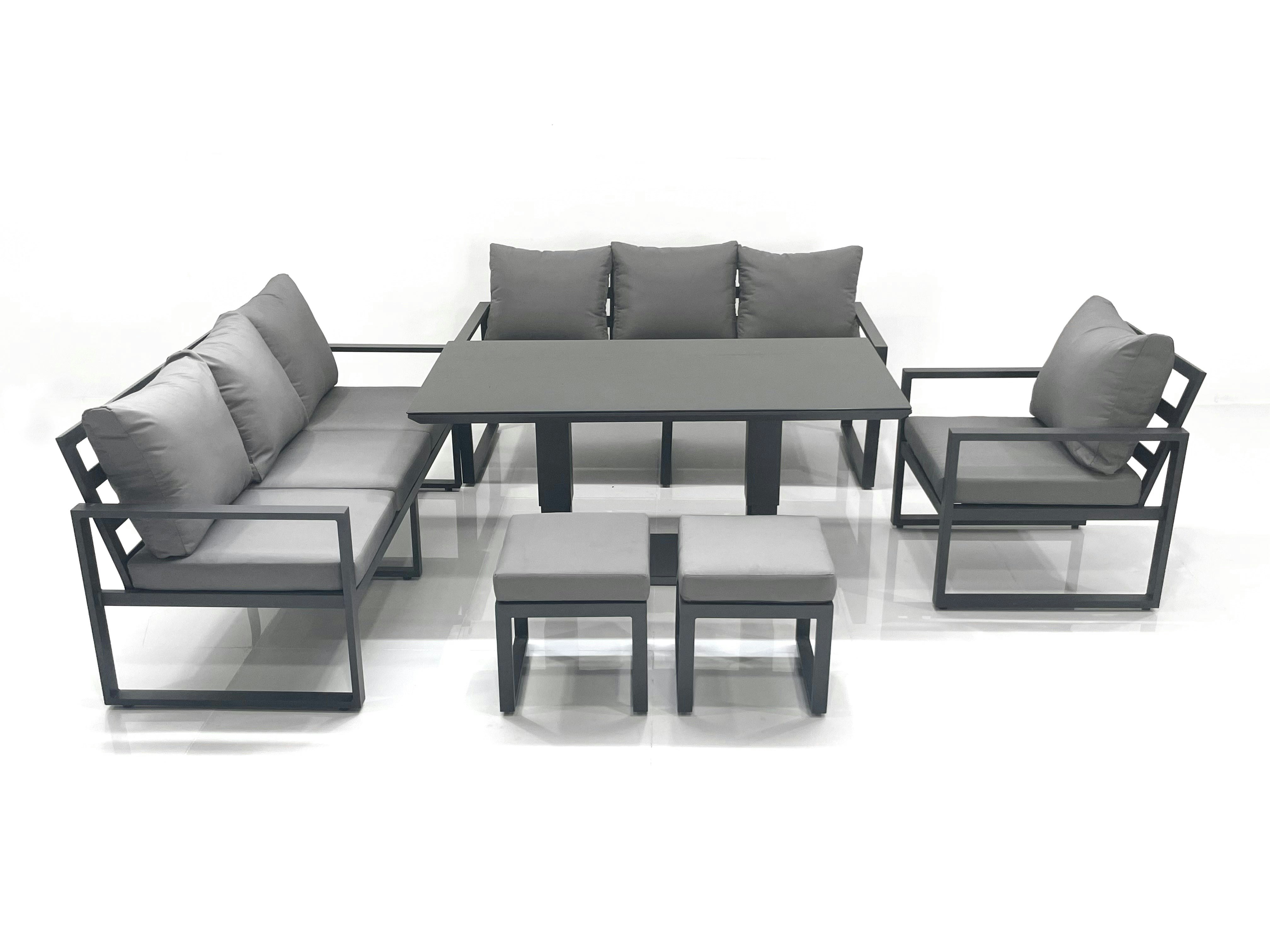Rackhams Dark/Grey Outdoor Garden Furniture Set Aluminium Lounge Sofa Adjustable Rising Lifting Dining Table Sets With 2 Small Footstools