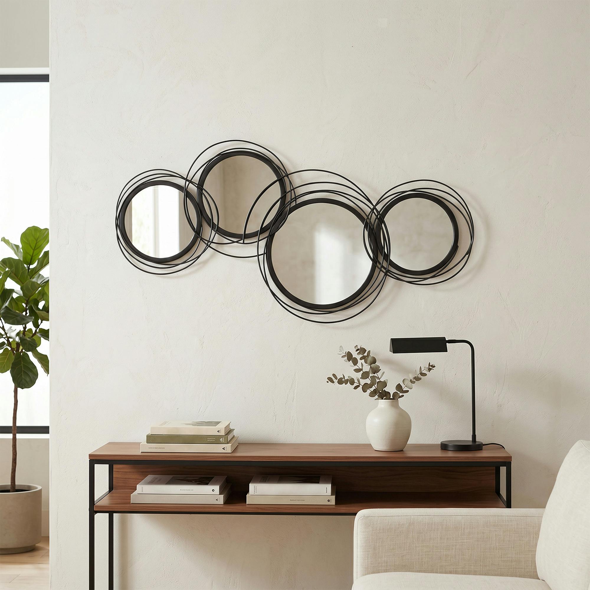Rackhams Black Metal Wall Art Decorative Mirror Decor Modern Wall Sculpture, - 1