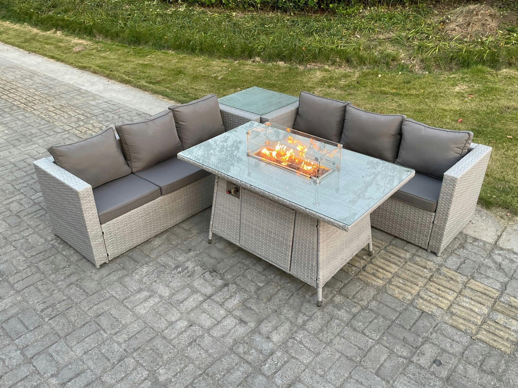 Fimous Light/Grey Corner Rattan Fire Pit Garden Furniture Set Gas Heater Burner Lounge Sofa Dining Table With Side Coffee Table