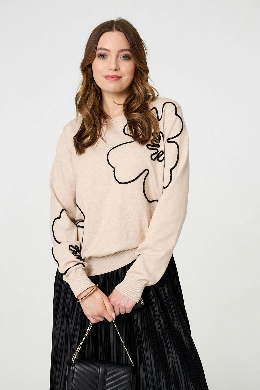 Izabel London Beige Floral Detail Long Sleeve Relaxed Jumper - M