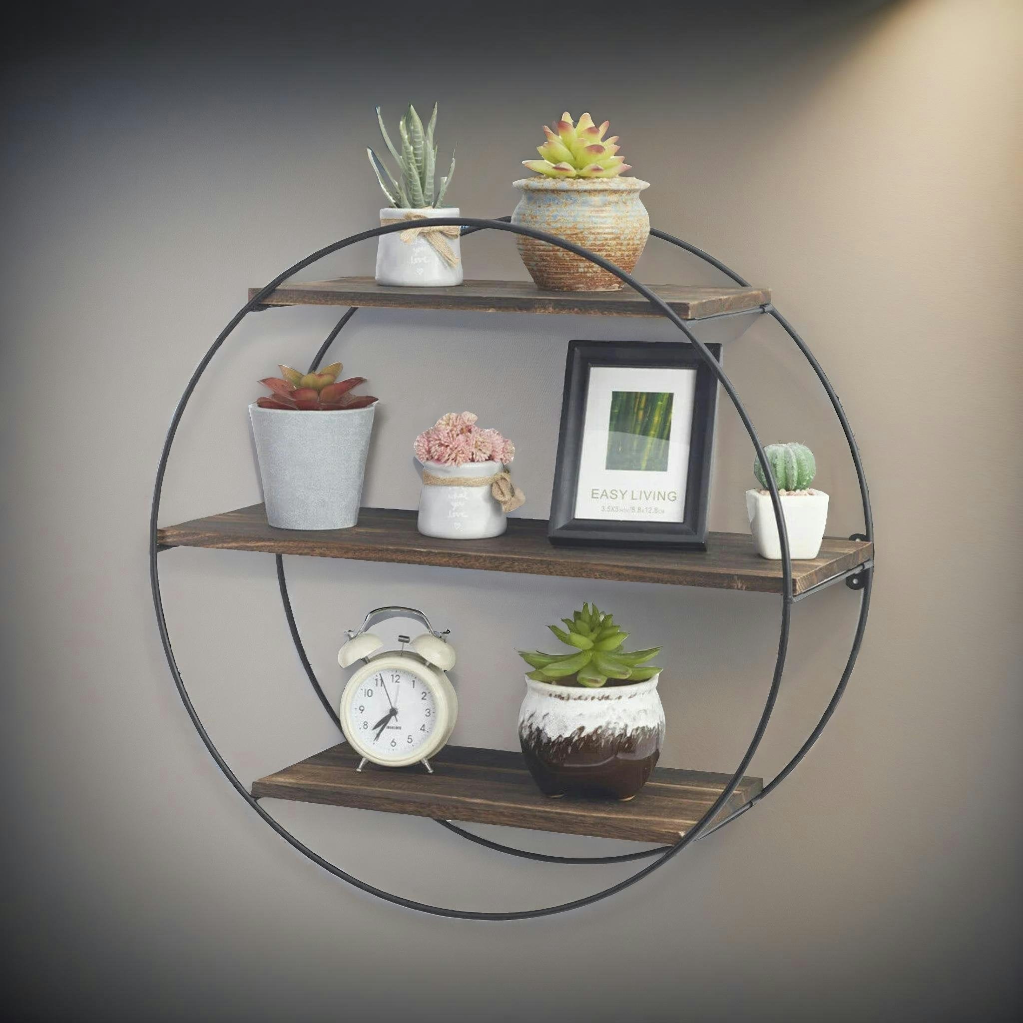 Rackhams Brown/Black Industrial Wooden 3 Tier Round Floating Shelf