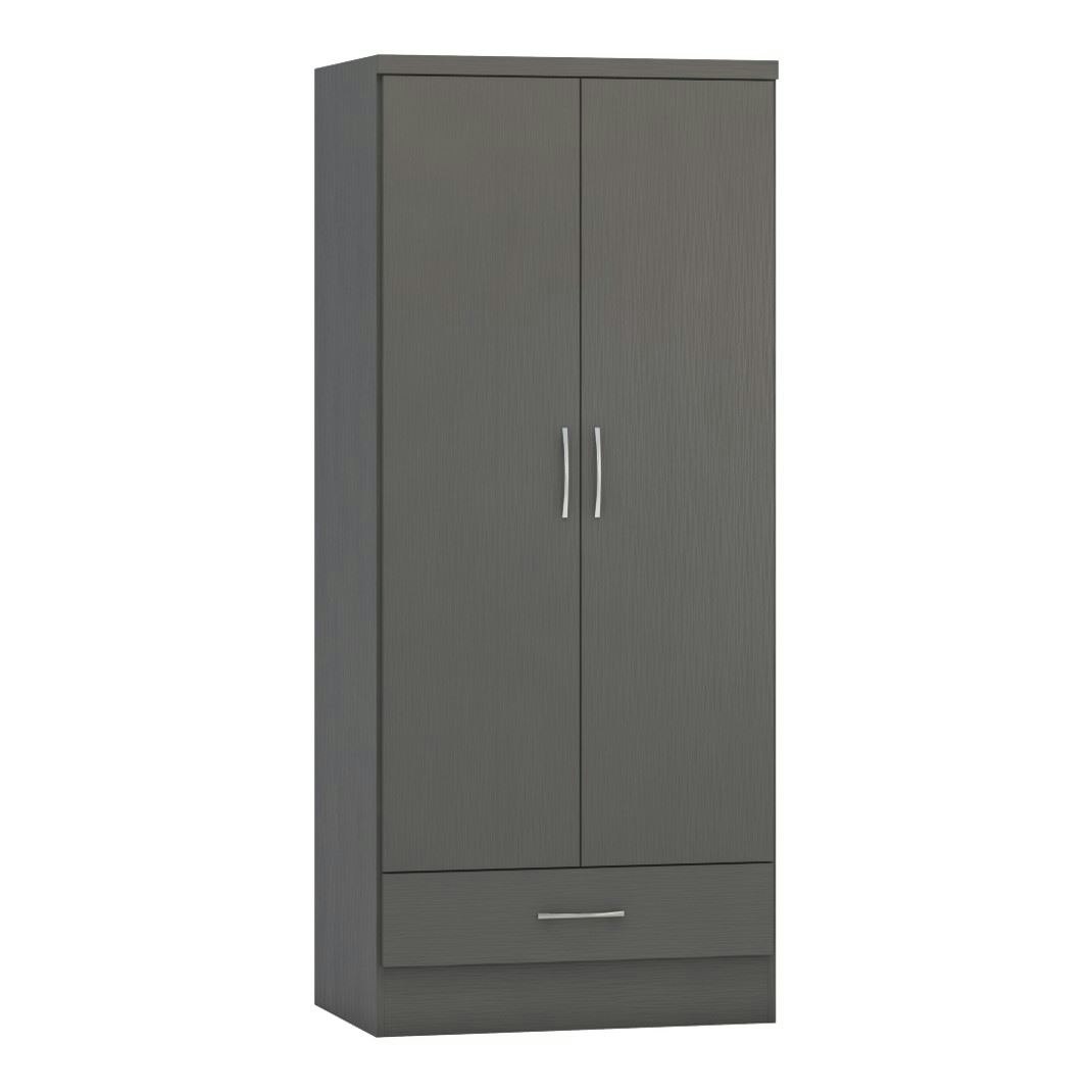 Seconique Grey Nevada 2 Door 1 Drawer Wardrobe - 3D Effect