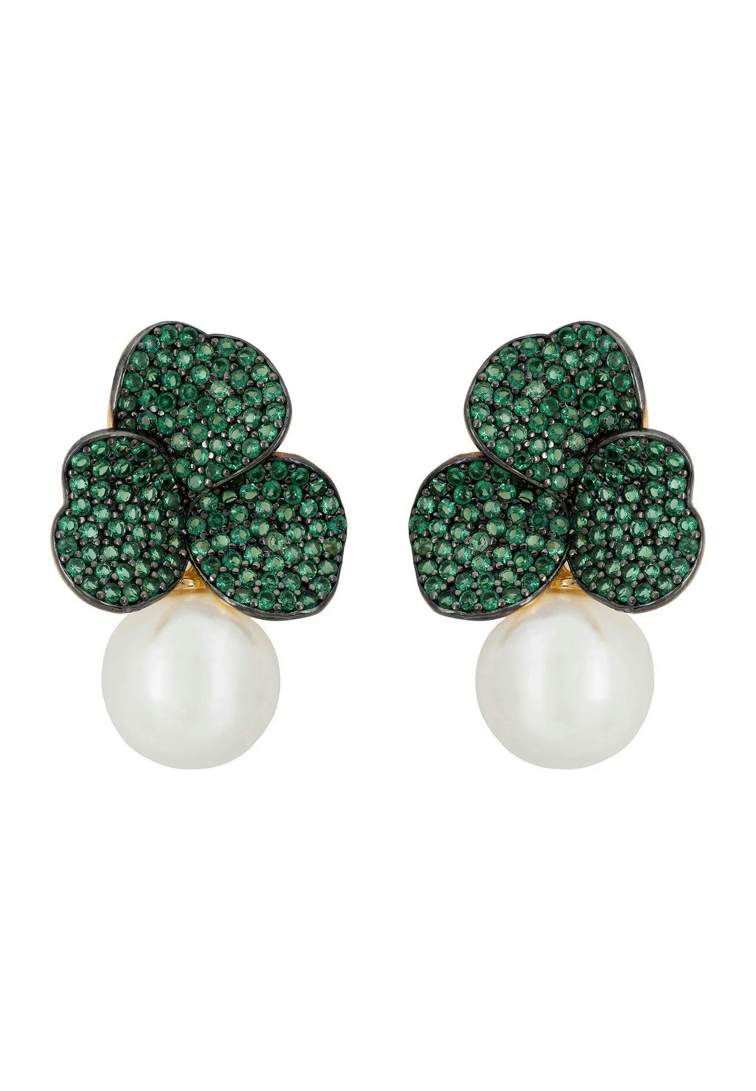 Latelita Gold Iris Flower And Pearl Dangle Earrings Emerald