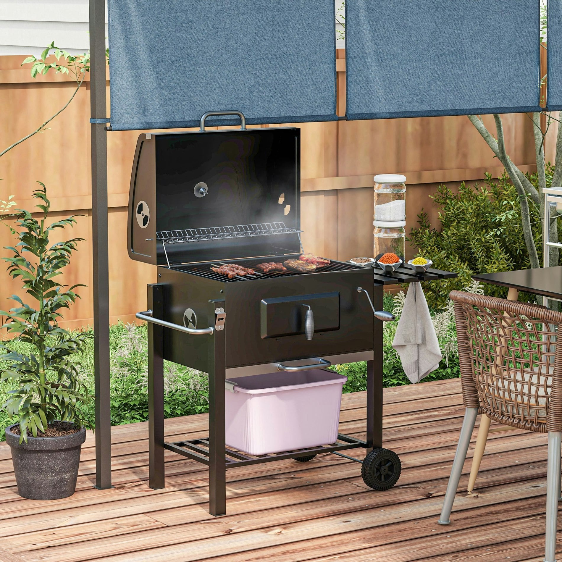 Rackhams Grey/Black Charcoal Grill Bbq Trolley Wheels Shelf Side Thermometer Steel - 113Cm X 65Cm X 108Cm - Stainless Steel, Metal