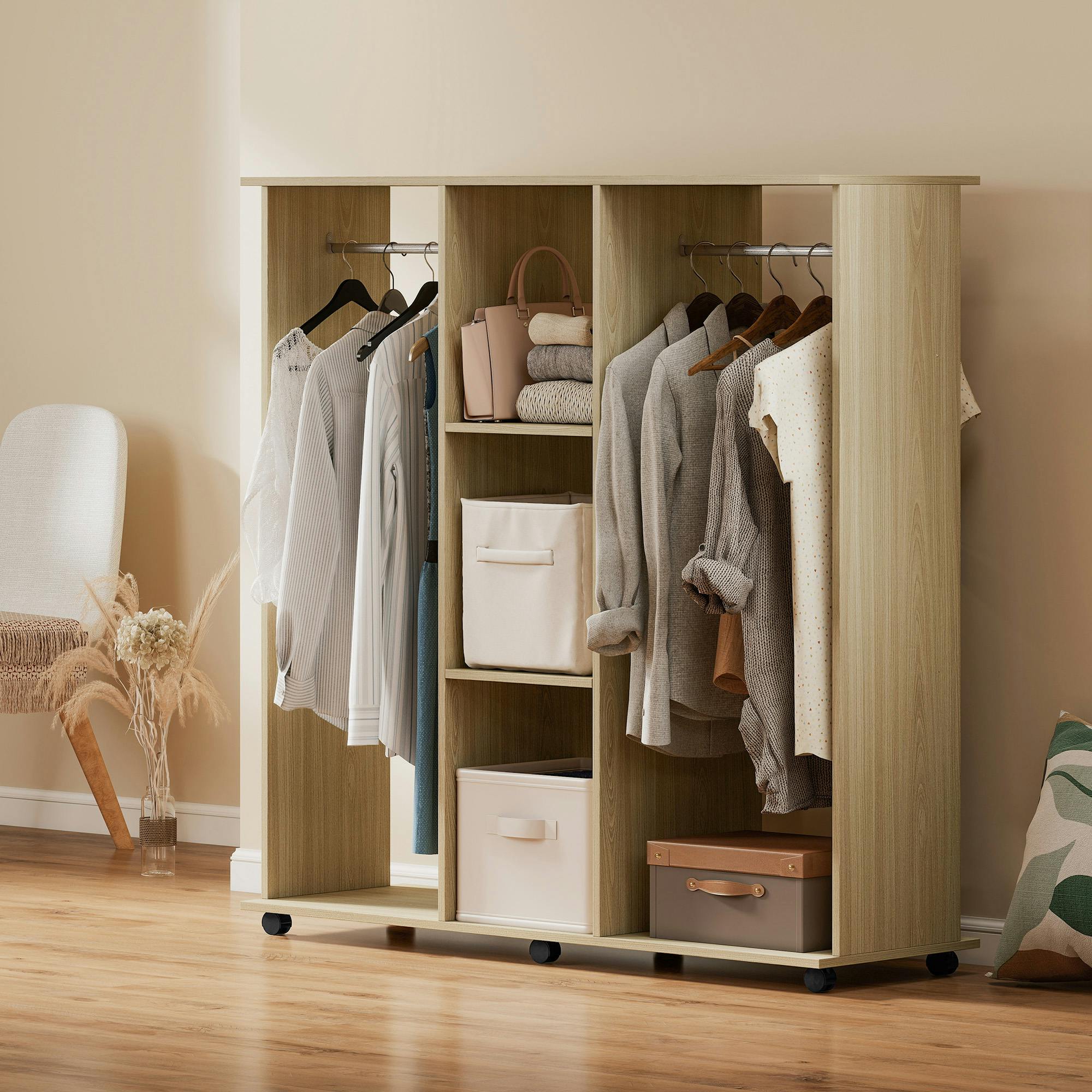 Rackhams Mobile Double Open Wardrobe W/ Clothes Hanging Rail Colthing Natural - Natural Wood Finish - Wardrobe - Natural Wood Finish