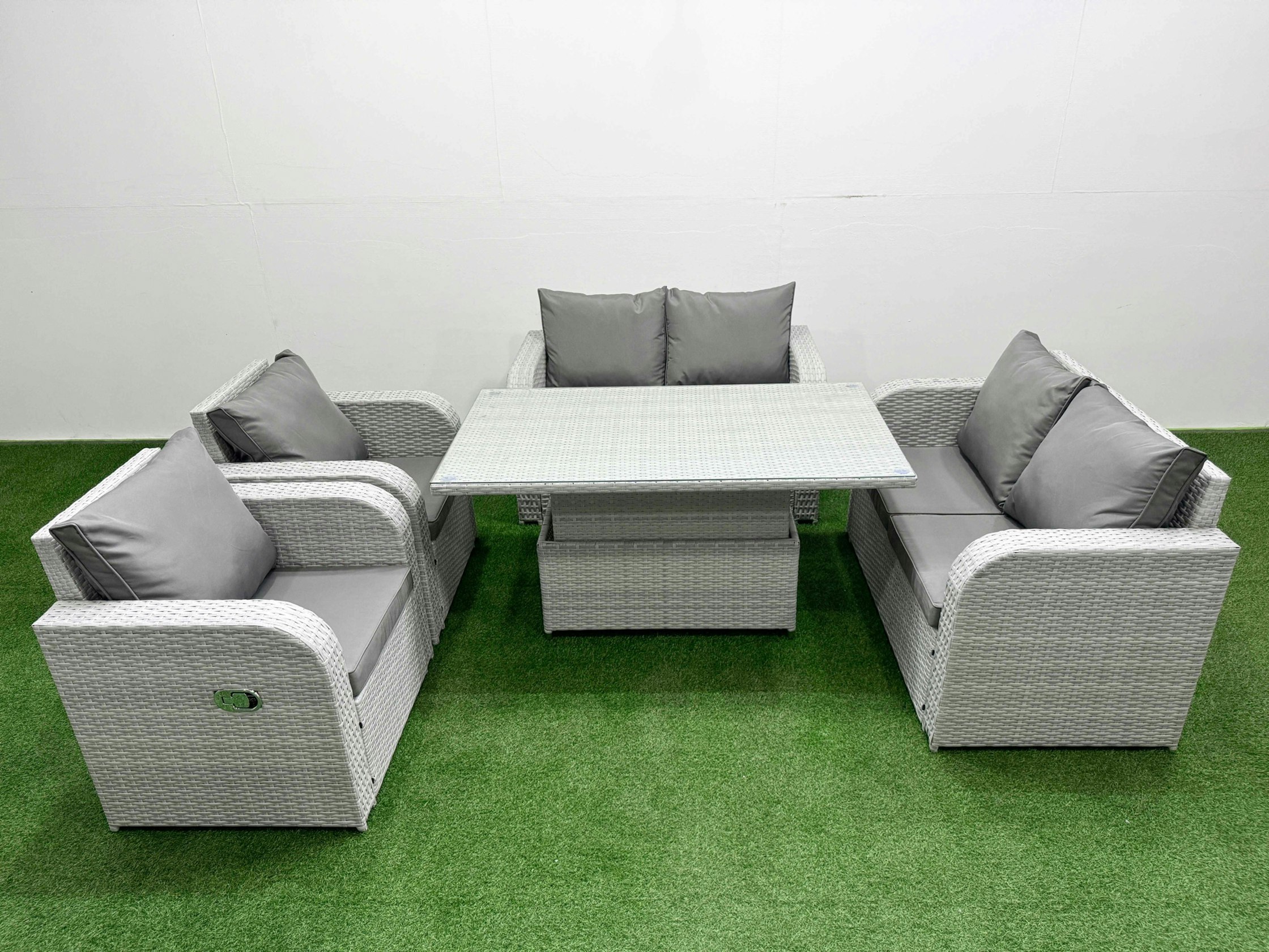 Fimous Light/Grey 6 Seater Outdoor Reclining Chair Love Sofa Set Rattan Garden Furniture Set With Adjustable Lifting Dining Or Coffee Table