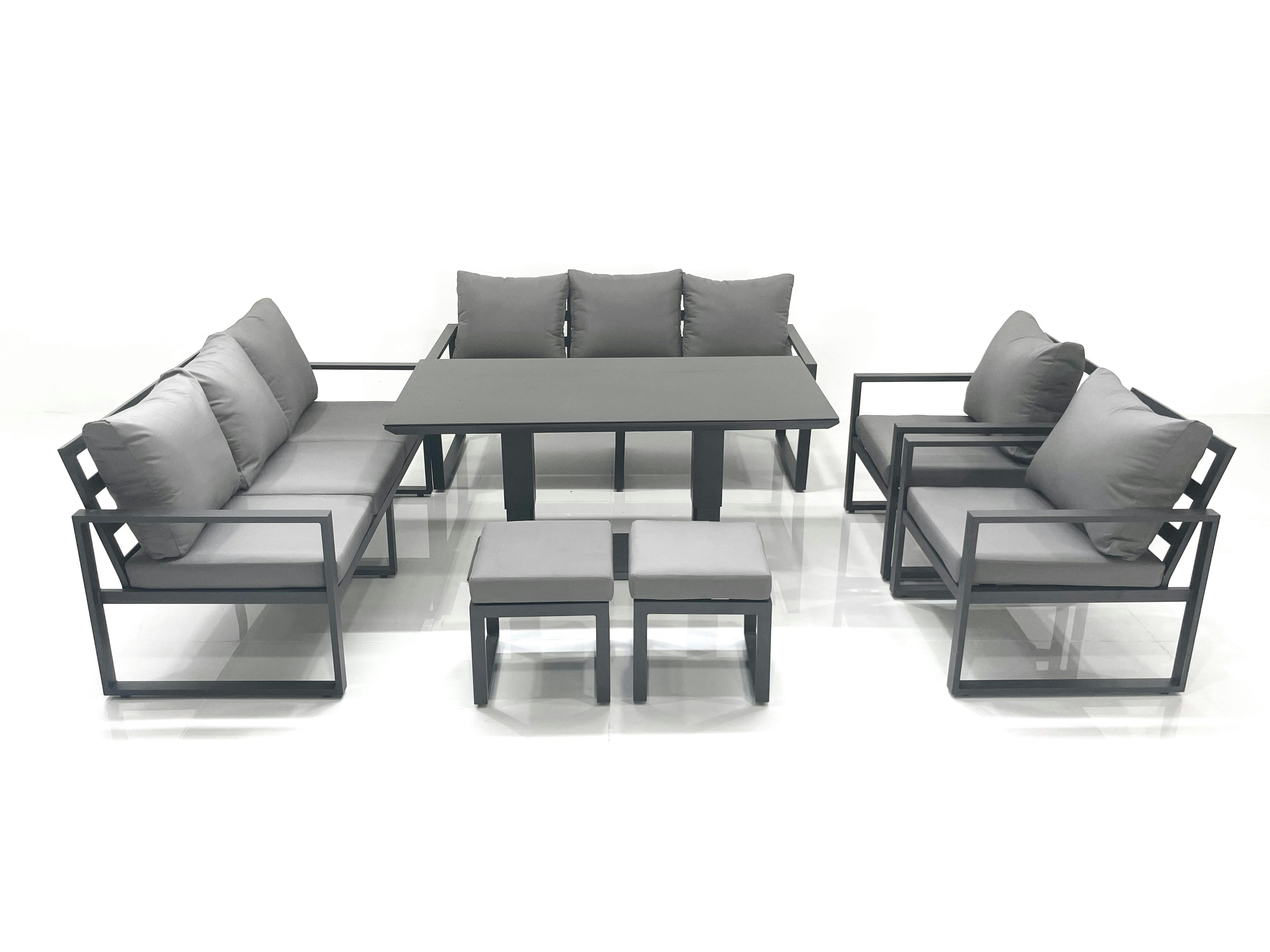 Rackhams Dark/Grey Garden Sofa Set Aluminium Furniture Rising Dining Tabe Set With 2 Chair 2 Small Footstools