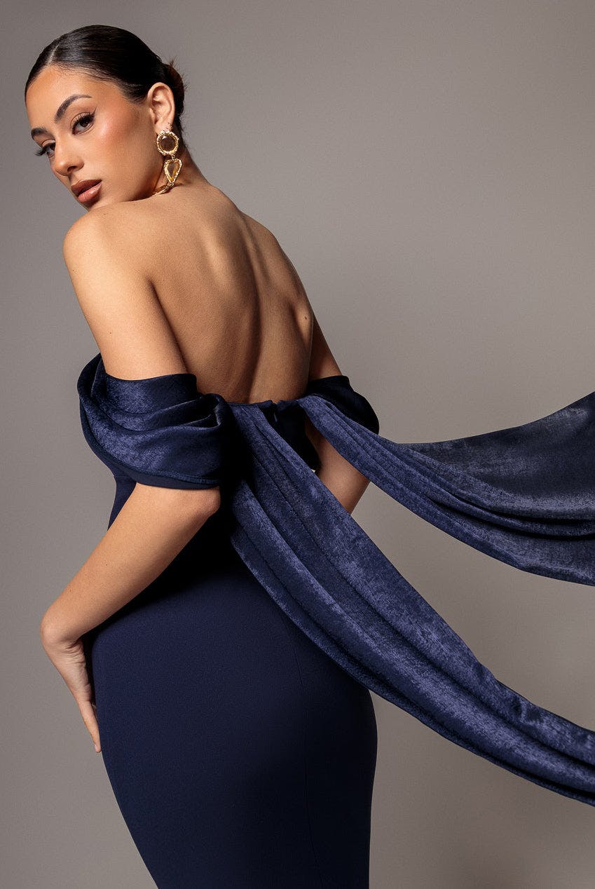 Goddiva Blue Off Shoulder Velvet Satin Wing Cape Maxi Dress - Navy By - Navy - 10