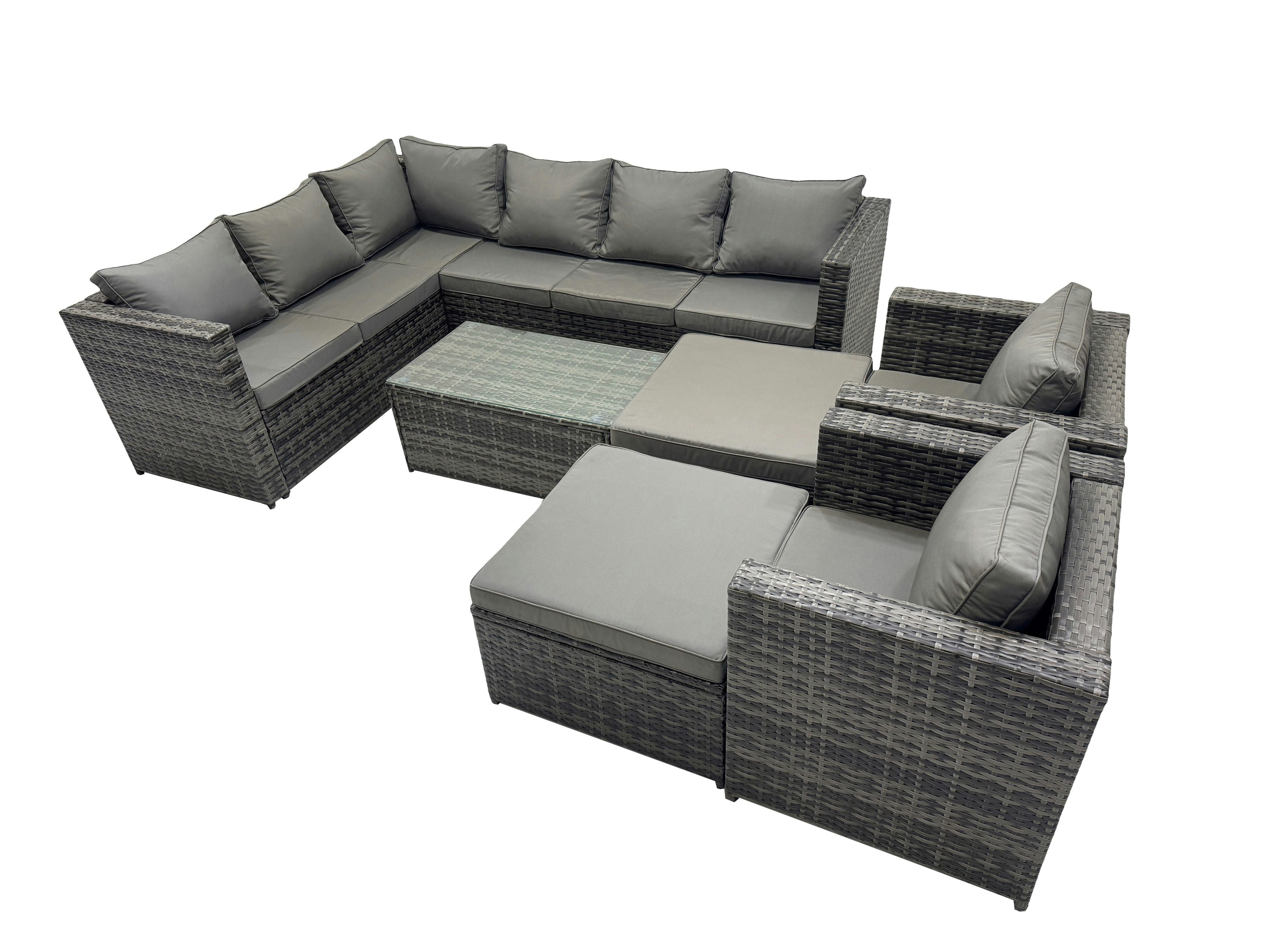 Rackhams Dark/Grey Outdoor Rattan Rectangular Coffee Table Corner Sofa Sets Garden Furniture Set With 2 Chairs 2 Big Stools Mixed