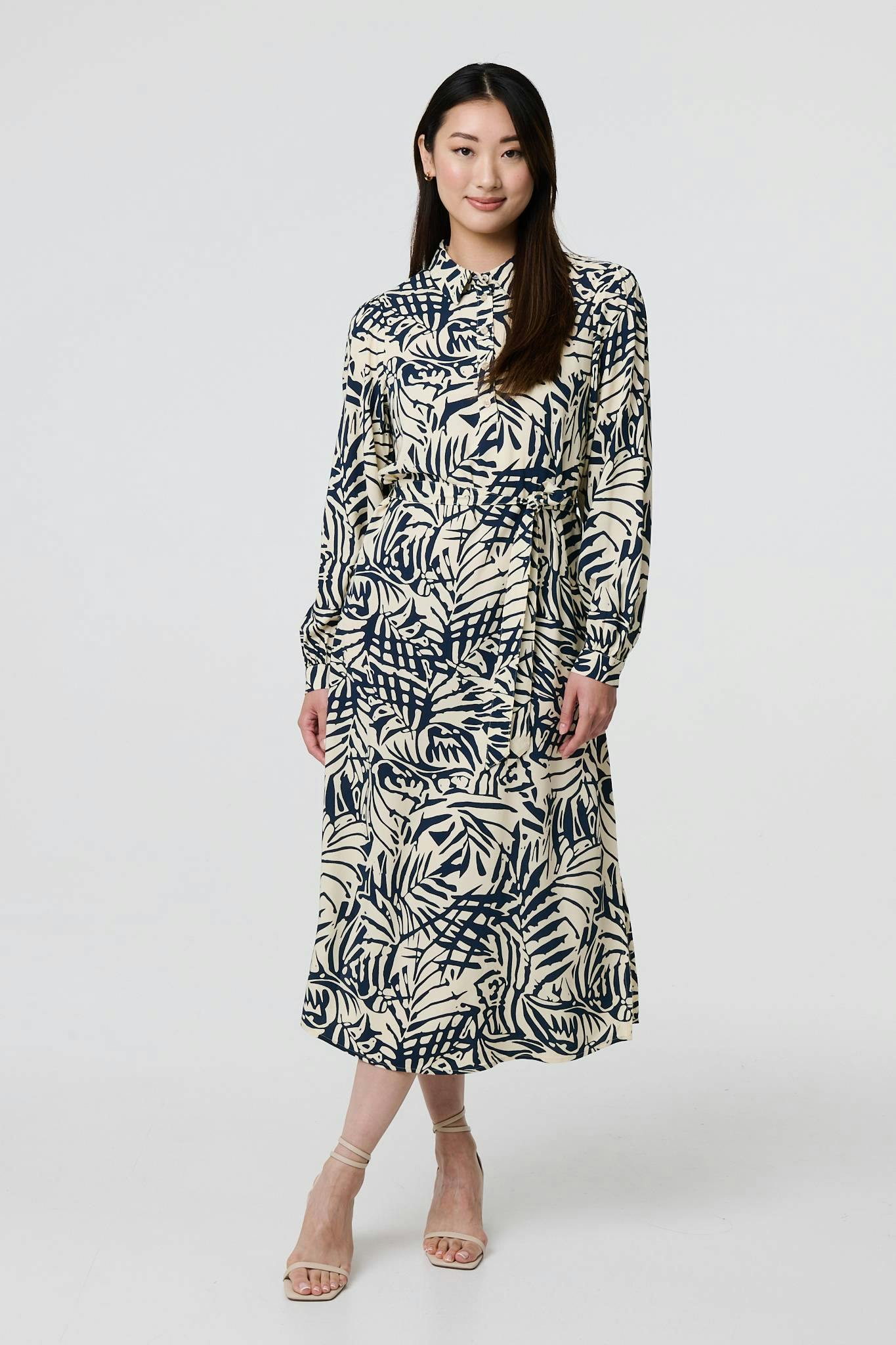 Izabel London Blue Printed Tie Waist Midi Shirt Dress - 18
