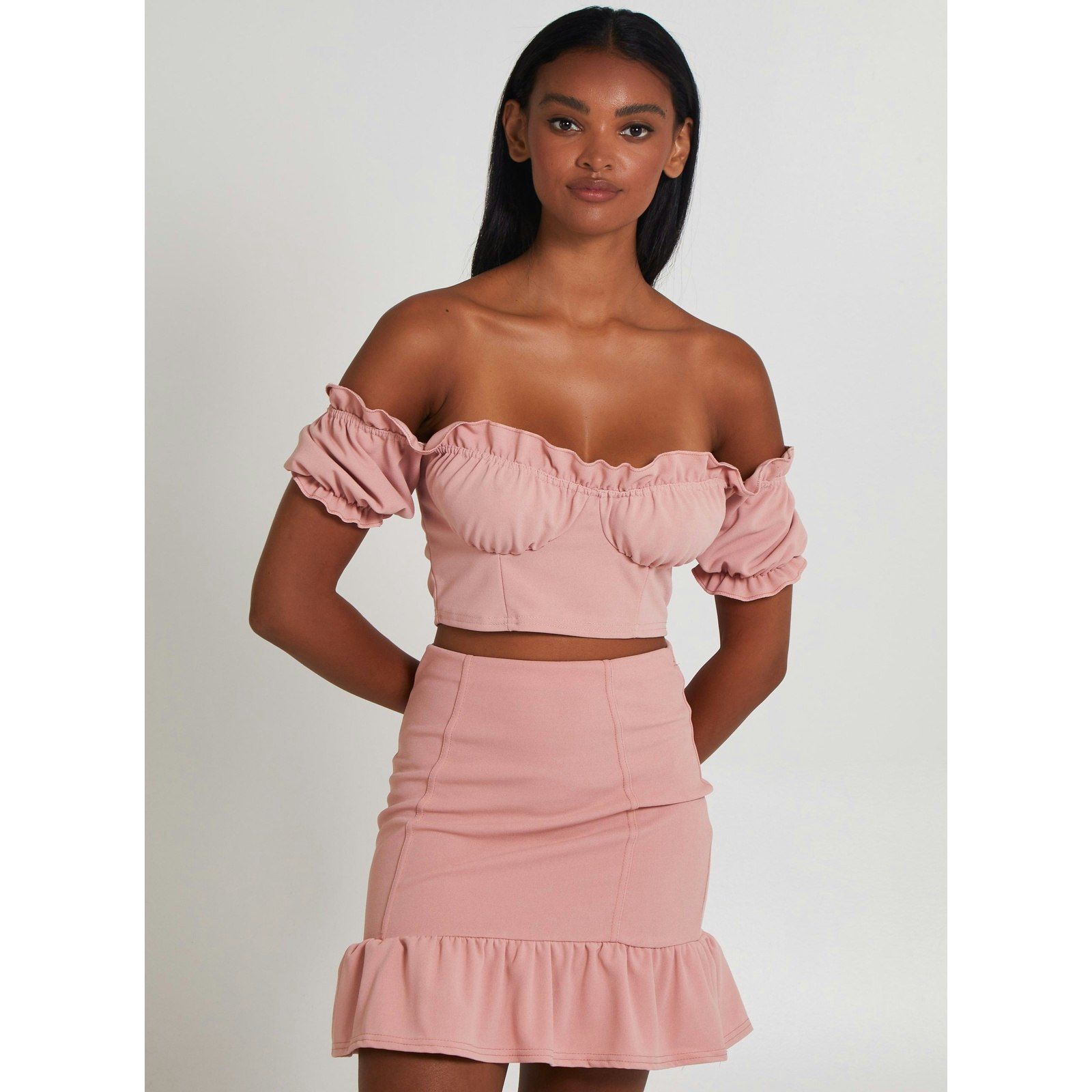 Pink Vanilla Frill Detail Milkmaid Top - M - Blush
