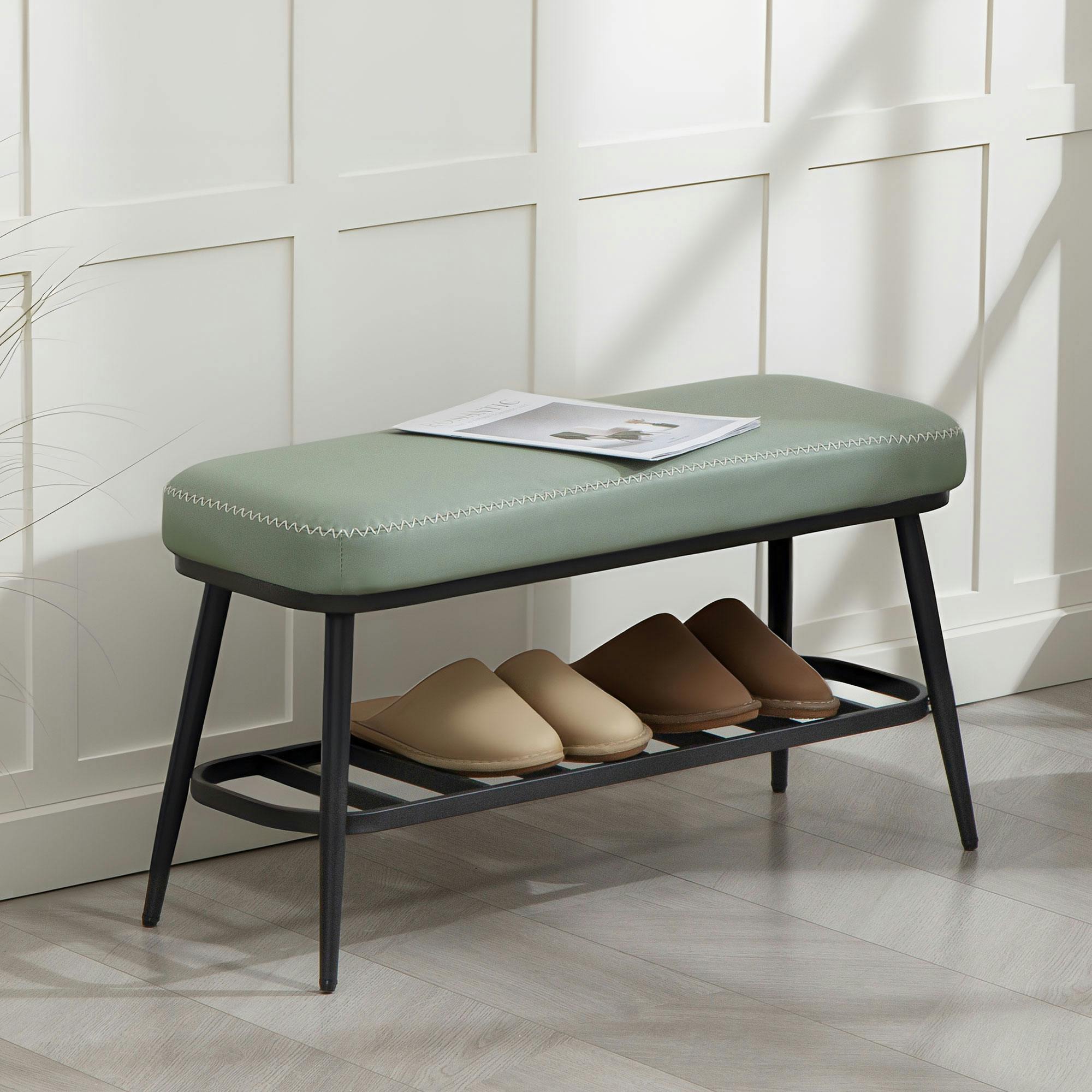 Rackhams Brown/Green Shoe Bench, Pu Leather Shoe Storage Bench For Entryway, - Pu, Sponge, Multilayer Board, Metal