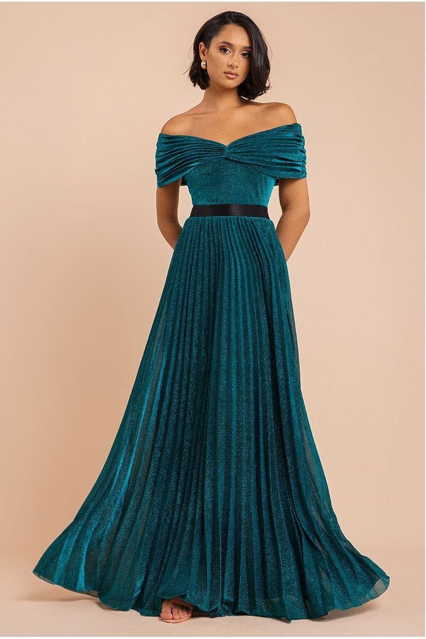Goddiva Light/Black Bardot Pleated Skirt Maxi Dress - Emerald By - Emerald - 10