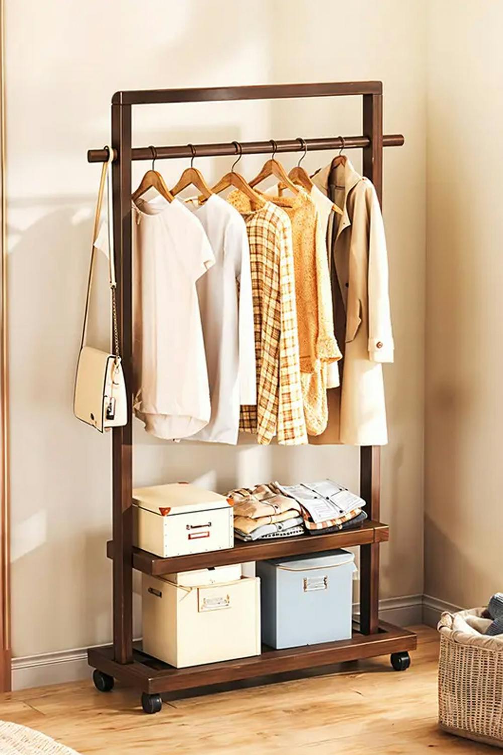 Rackhams Brown Bamboo Rolling Clothes Garment Rack With 2-Tier Shelves & Wheels - One Size