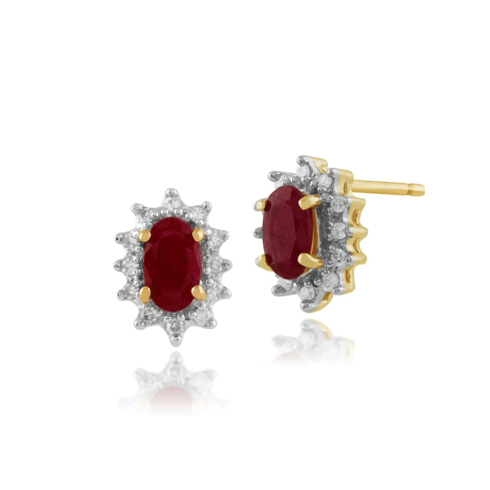 Gemondo Yellow/Gold Classic Oval Ruby & Diamond Cluster Stud Earrings In 9Ct